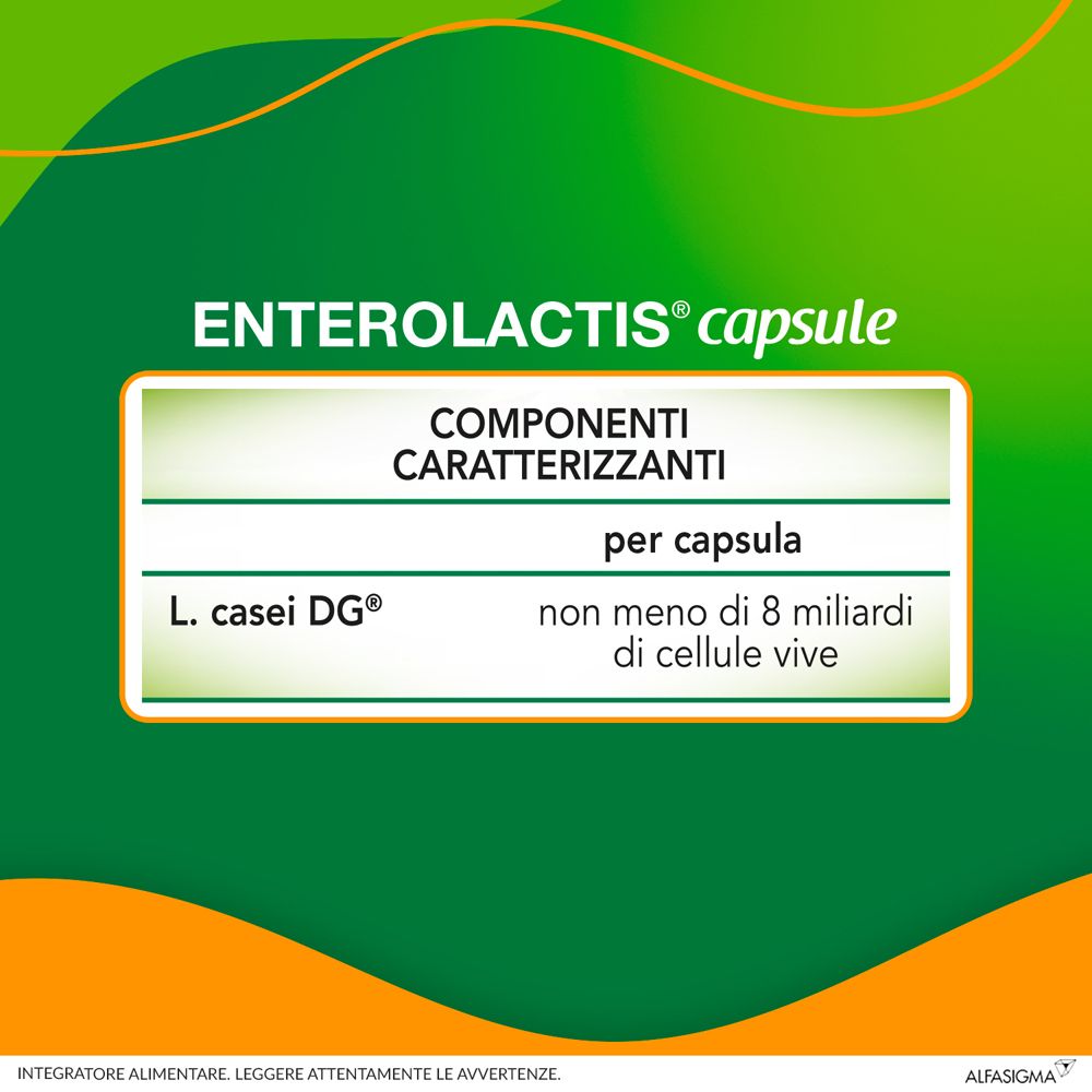 Testo: Enterolactis capsule. Componenti: L. casei DG®, non meno di 8 miliardi di cellule vive.