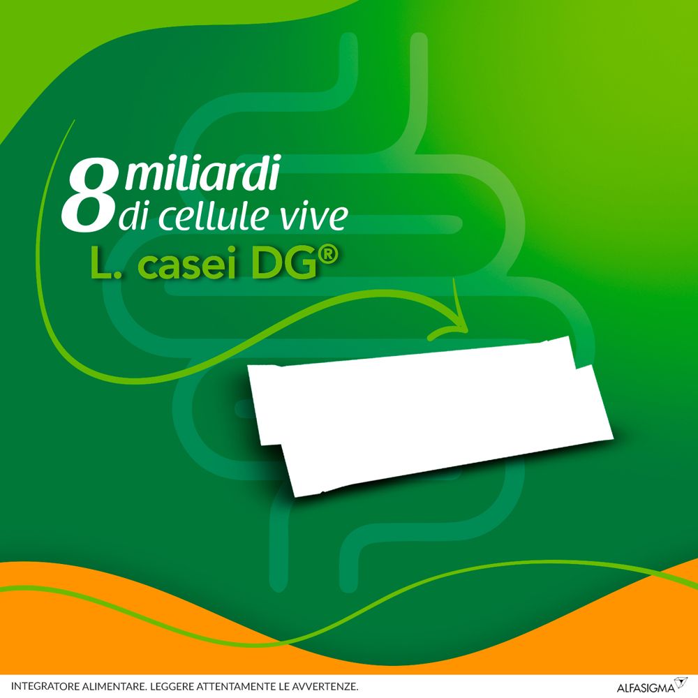 Grafica con 8 miliardi di cellule vive e L. casei DG®. Sfondo verde con elementi arancioni.