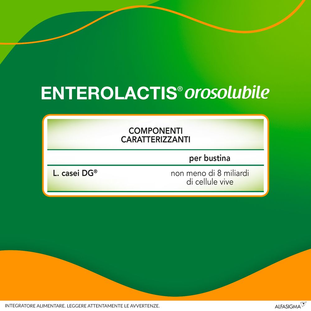Testo: Enterolactis Orosolubile. Componenti caratterizzanti per bustina: L. casei DG®, non meno di 8 miliardi di cellule vive.