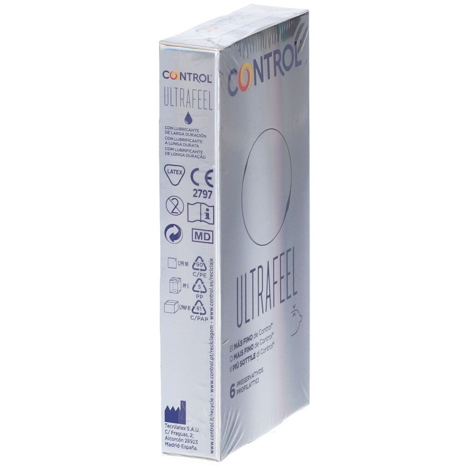 Confezione di preservativi Control Ultra Feel, retro con informazioni e marchio CE.