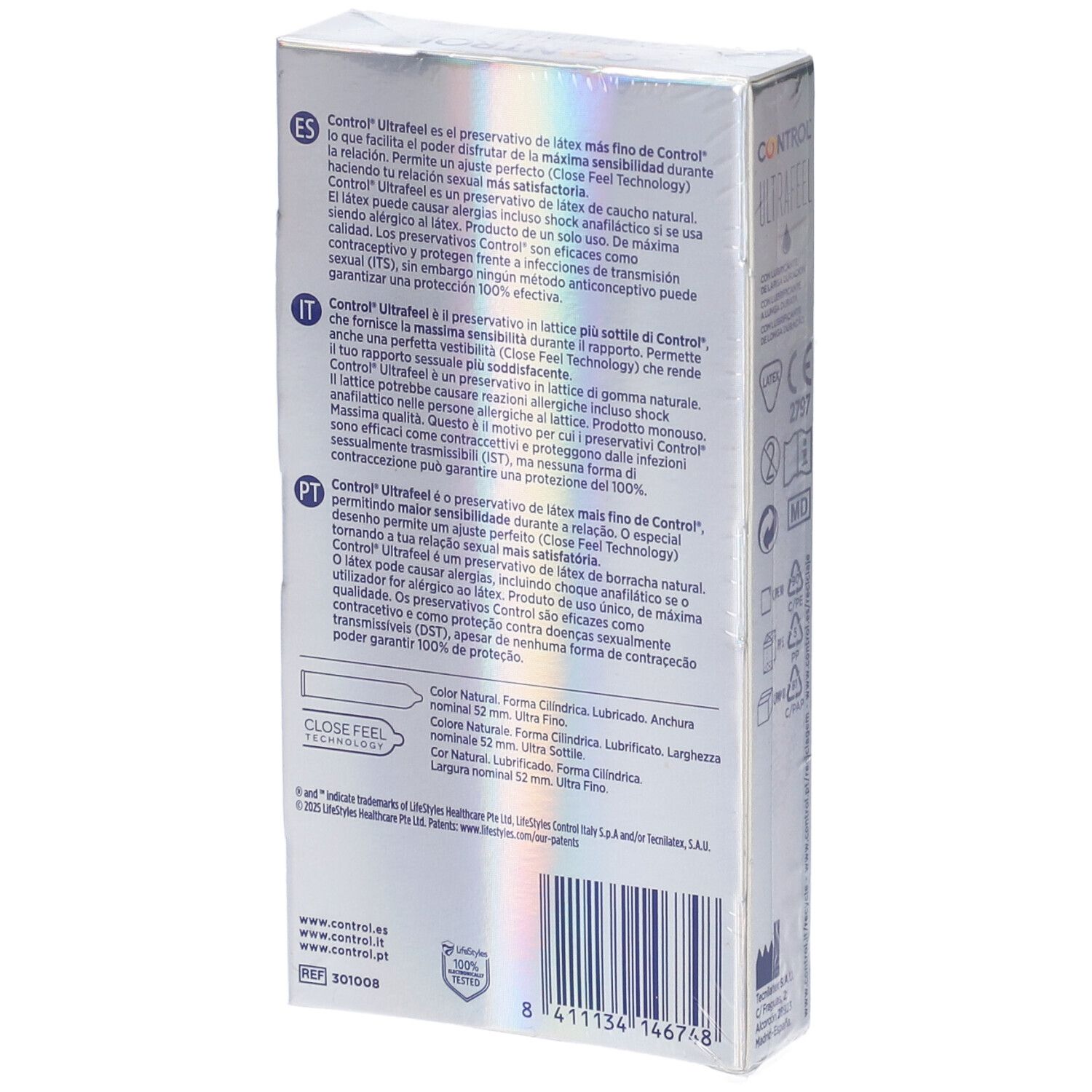 Confezione di preservativi Control Ultra Feel, lato con informazioni prodotto multilingue.