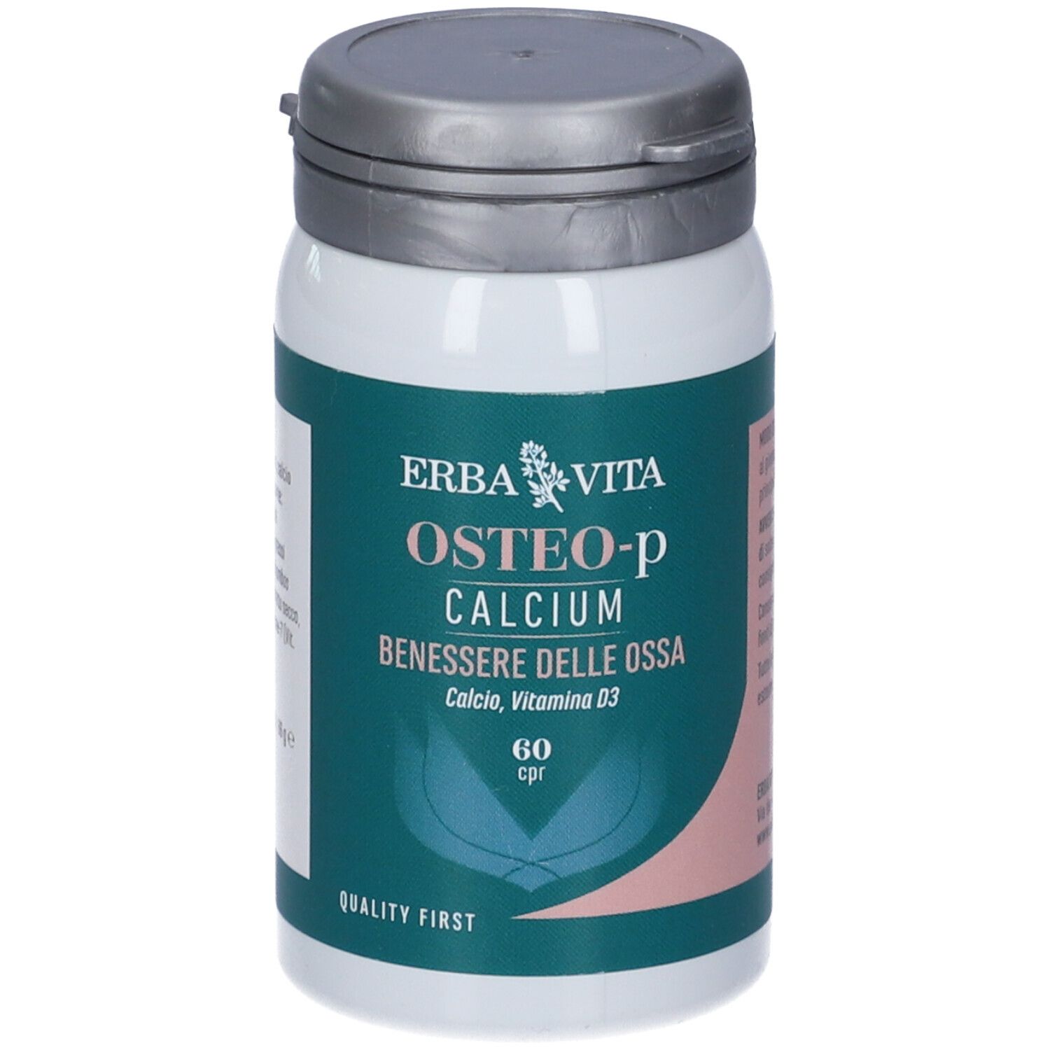 Erba Vita Osteo-P Calcium Compresse. Flacone bianco, coperchio grigio. Scritta: Osteo-P Calcium, 60 cpr.