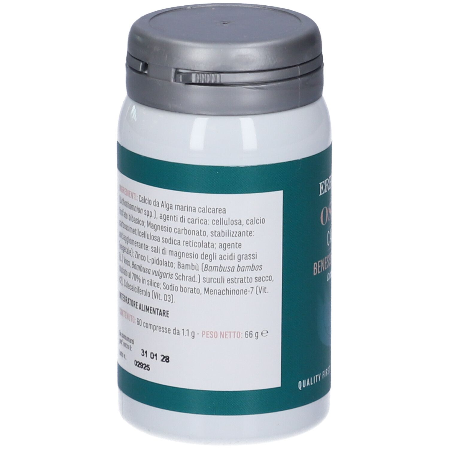 Erba Vita Osteo-P Calcium Compresse. Retro flacone con ingredienti. Testo in italiano.