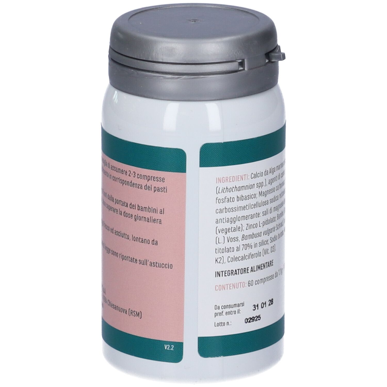 Erba Vita Osteo-P Calcium Compresse. Retro flacone con istruzioni. Testo in italiano.