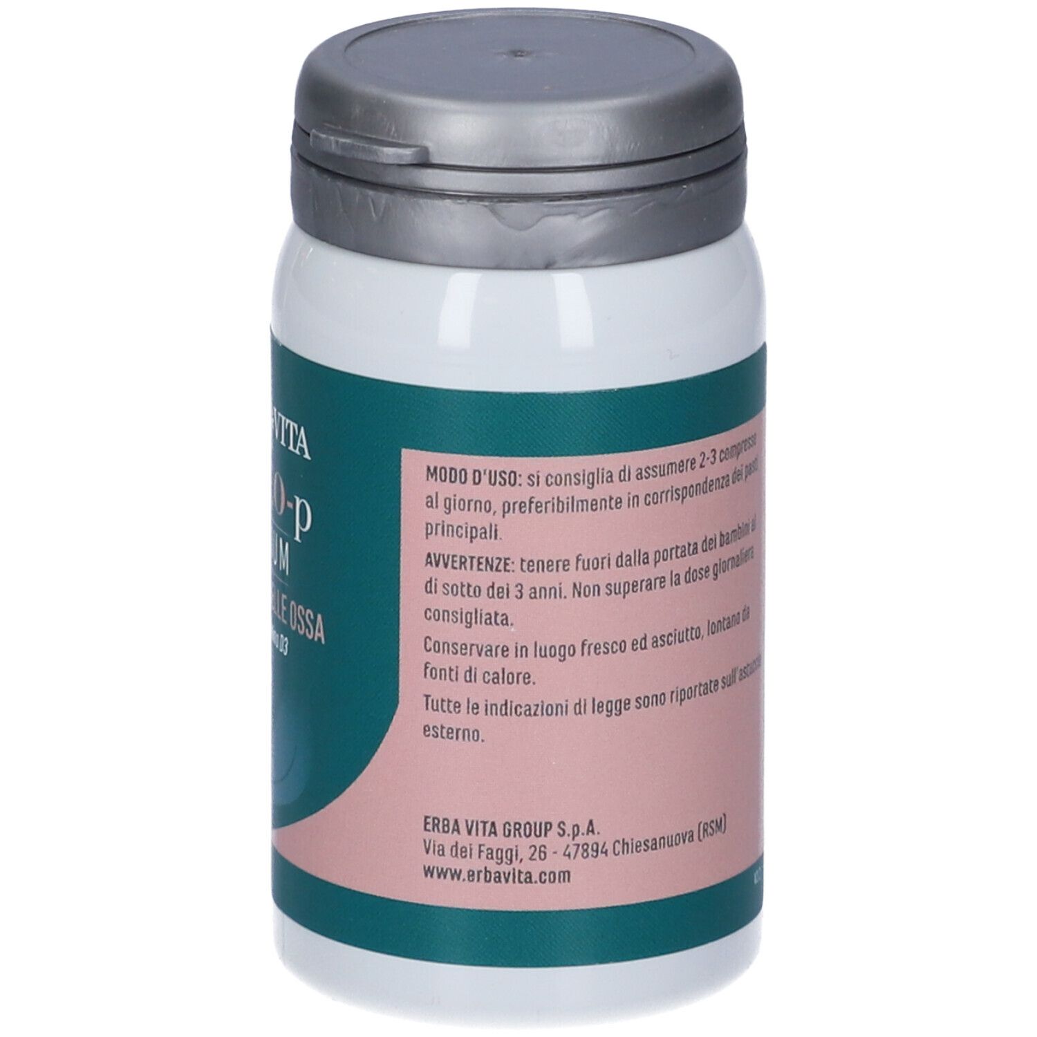 Erba Vita Osteo-P Calcium Compresse. Retro flacone con istruzioni. Testo in italiano.