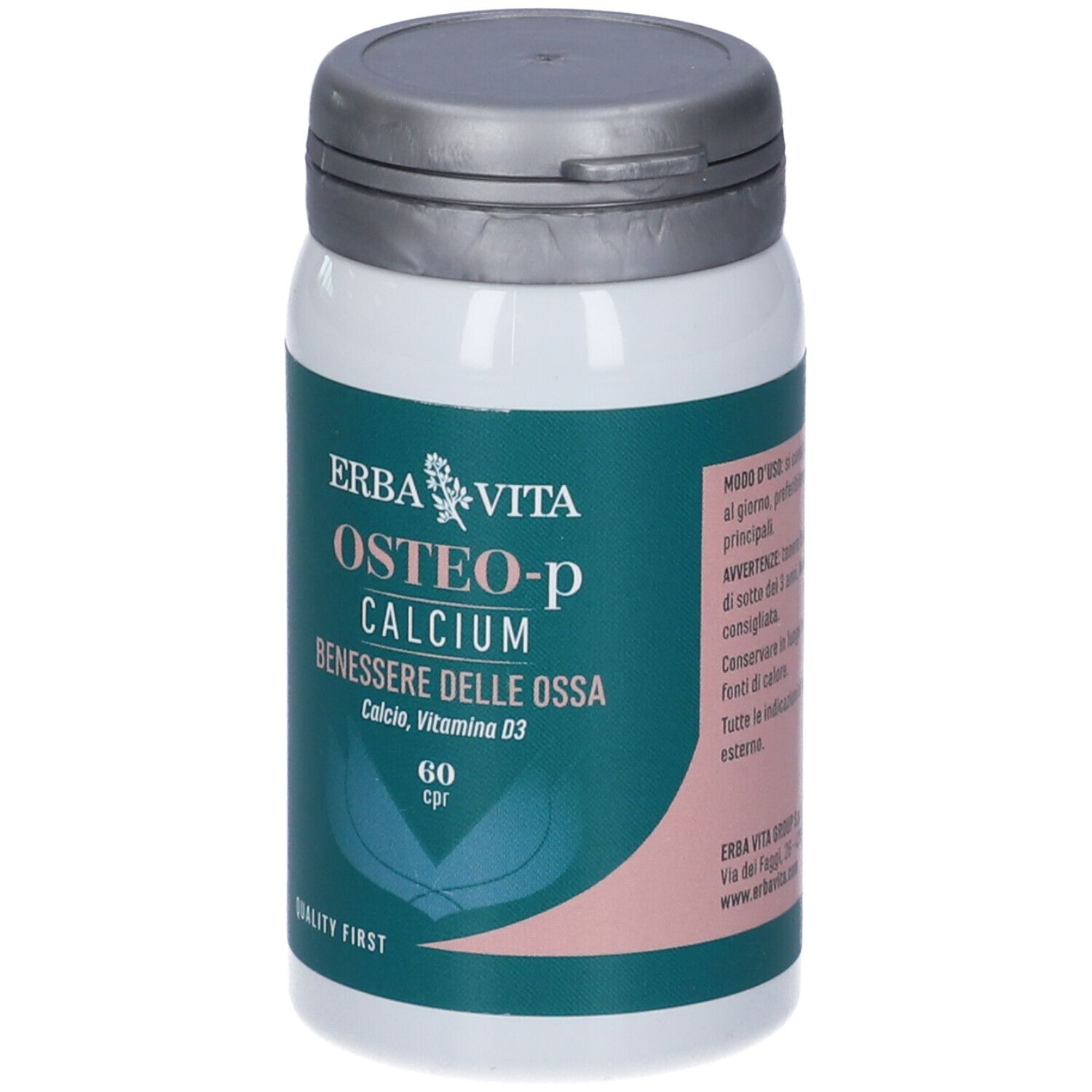 Erba Vita Osteo-P Calcium Compresse. Flacone bianco, coperchio grigio. Scritta: Osteo-P Calcium, 60 cpr.