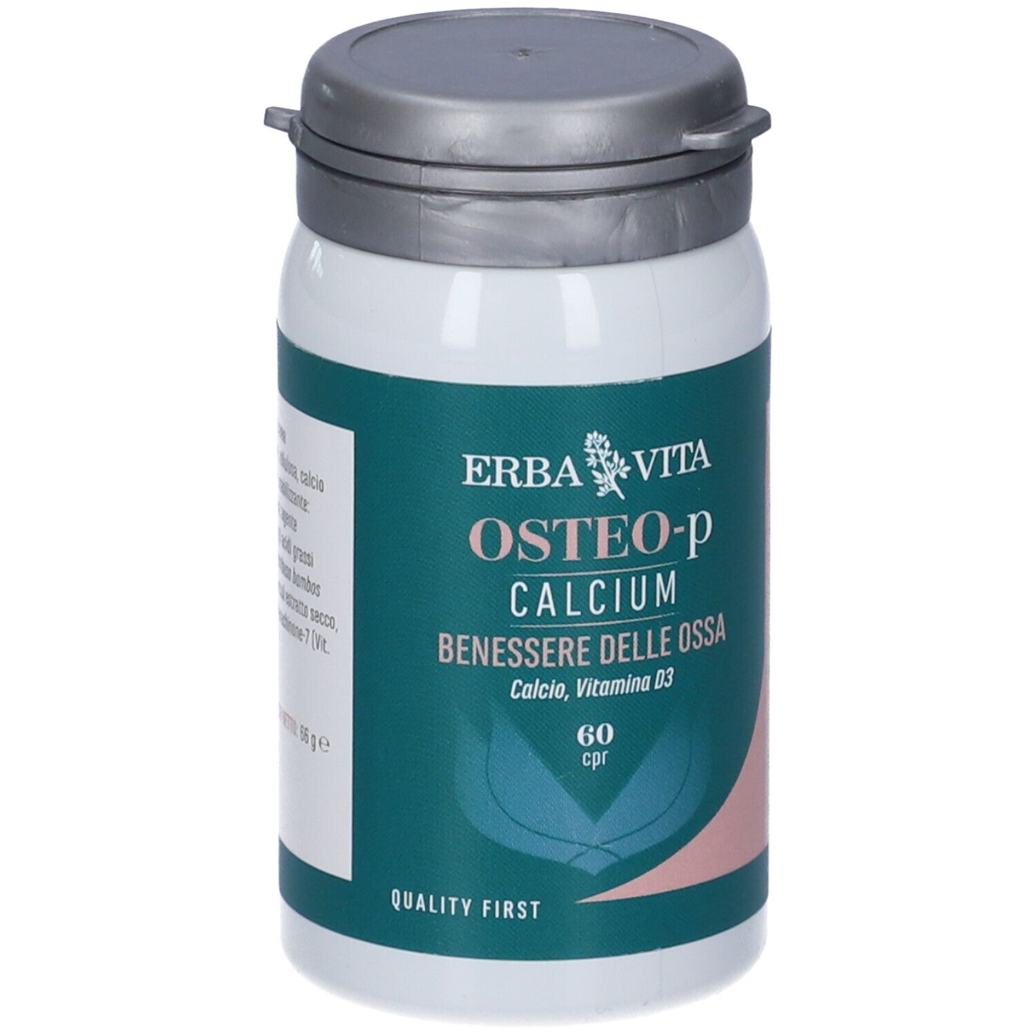 Erba Vita Osteo-P Calcium Compresse. Flacone bianco, coperchio grigio. Scritta: Osteo-P Calcium, 60 cpr.