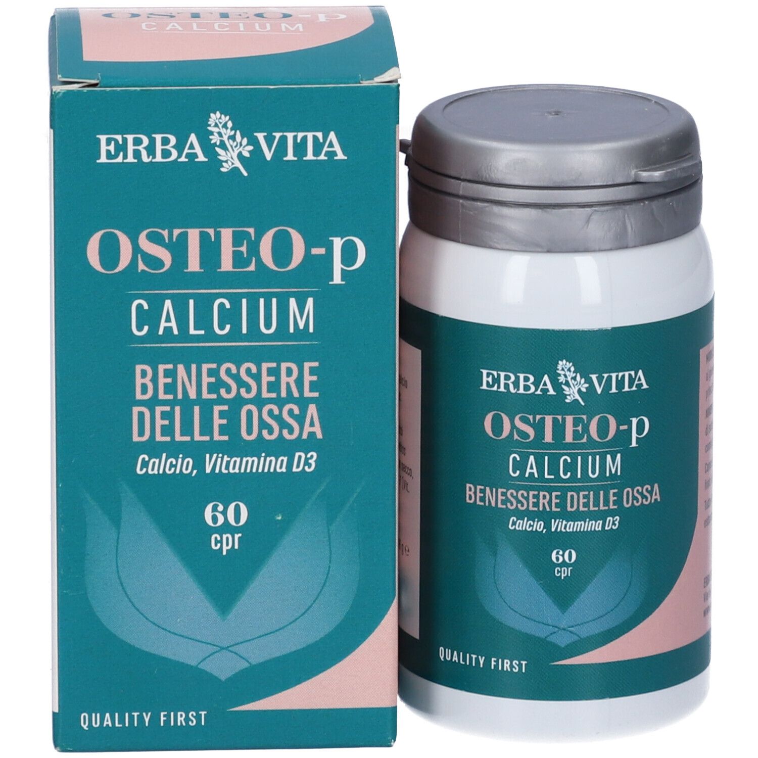 Erba Vita Osteo-P Calcium Compresse. Flacone e scatola bianchi. Scritta: Osteo-P Calcium, 60 cpr.