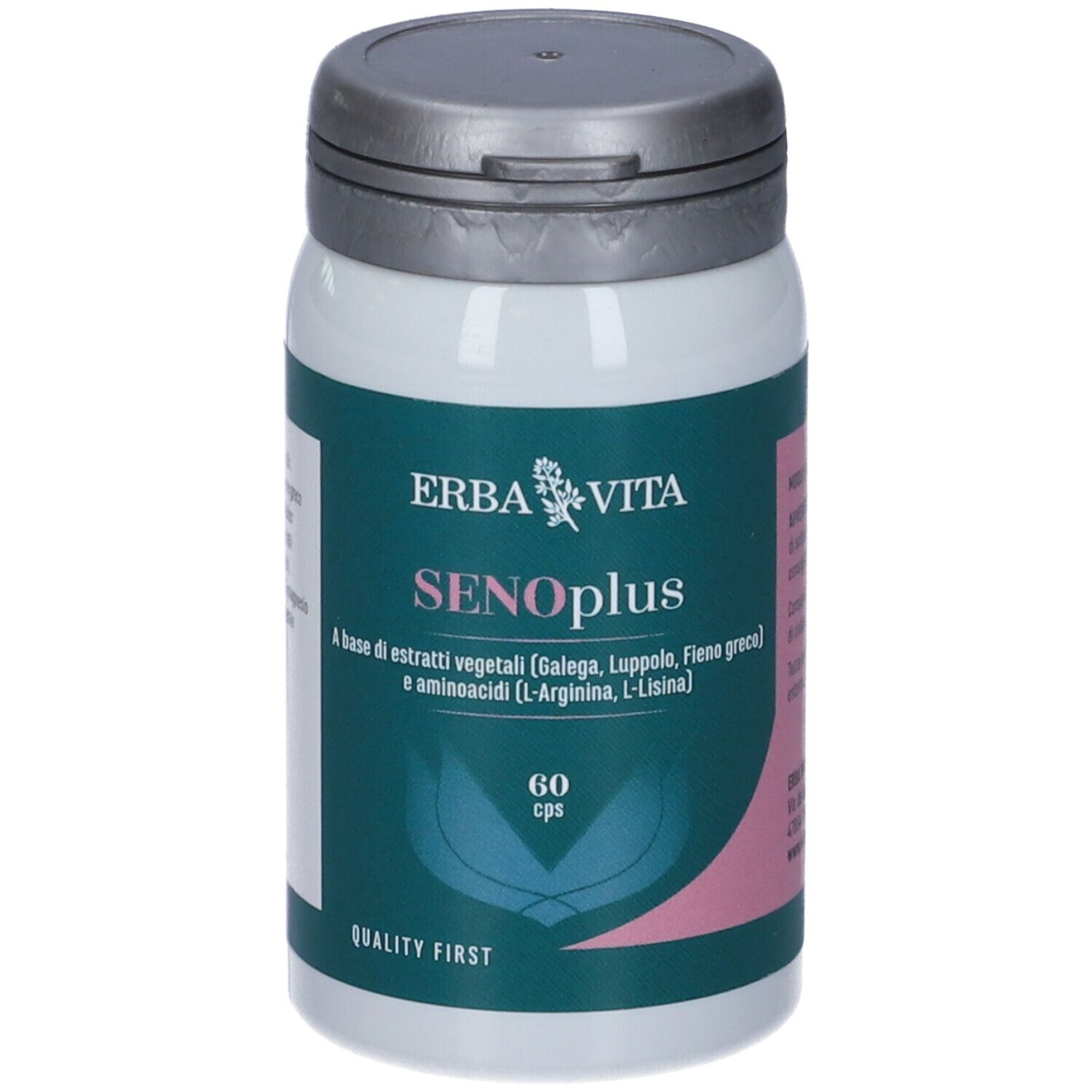 Flacone bianco con coperchio grigio. Scritta SENOplus, 60 cps. Marchio: Erba Vita.
