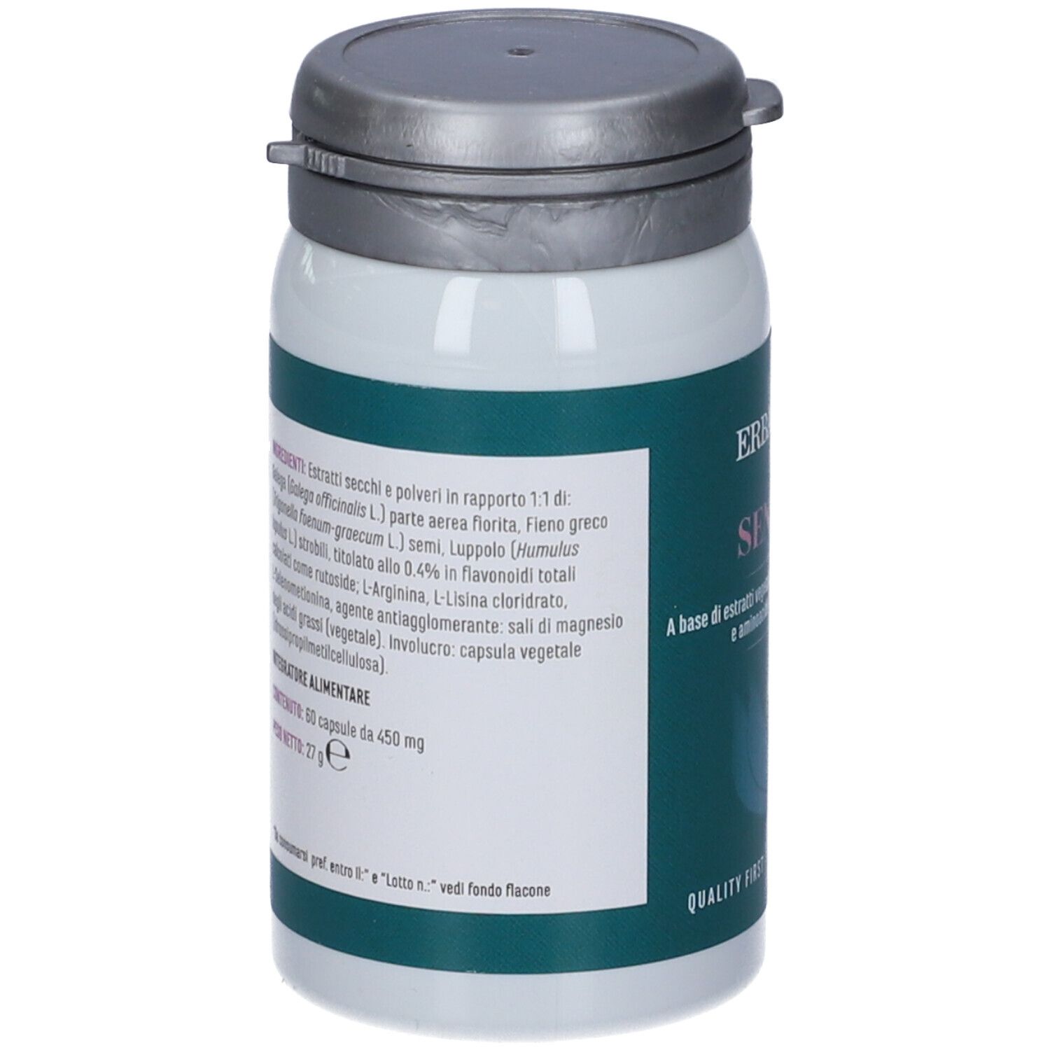 Flacone bianco con coperchio grigio. Retro con informazioni sugli ingredienti. Marchio: Erba Vita.