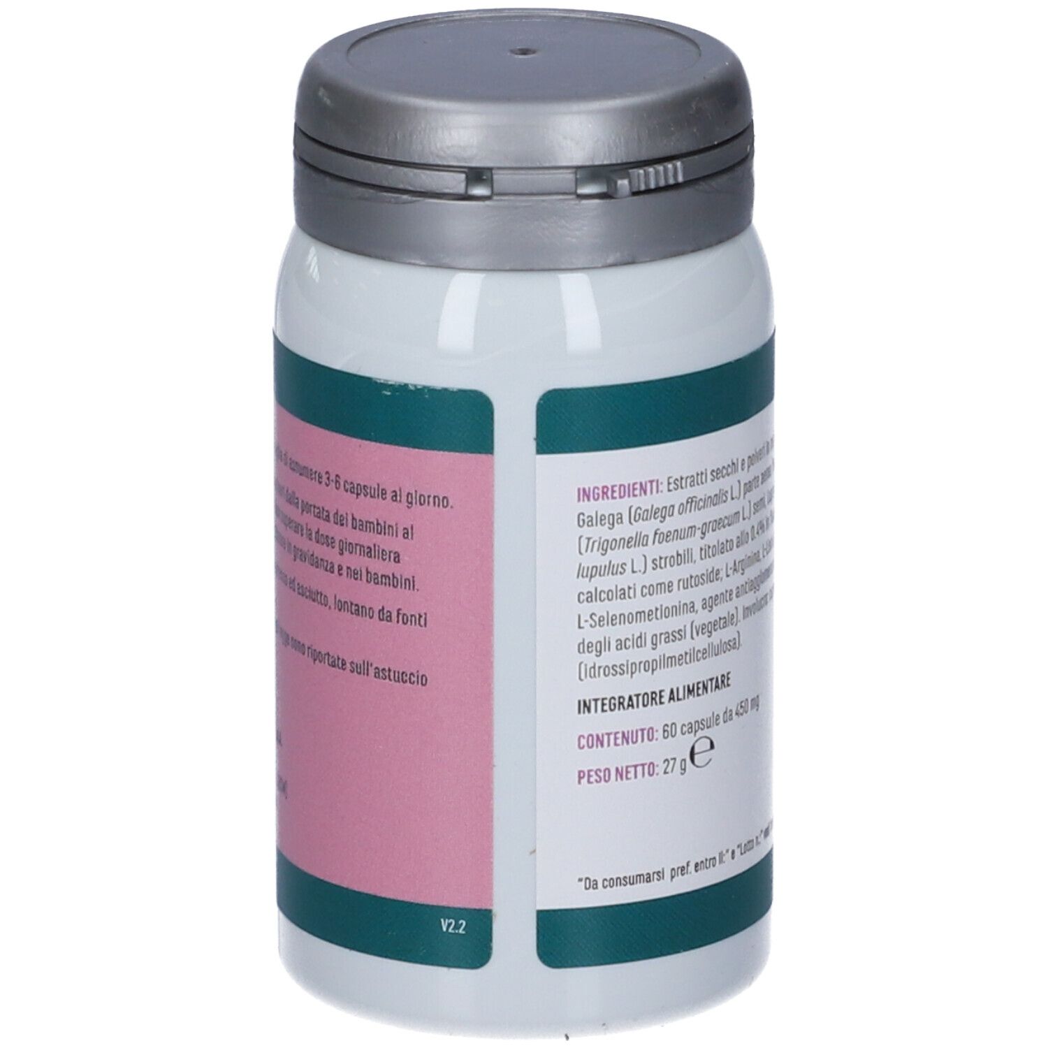 Flacone bianco con coperchio grigio. Retro con informazioni sugli ingredienti. Marchio: Erba Vita.