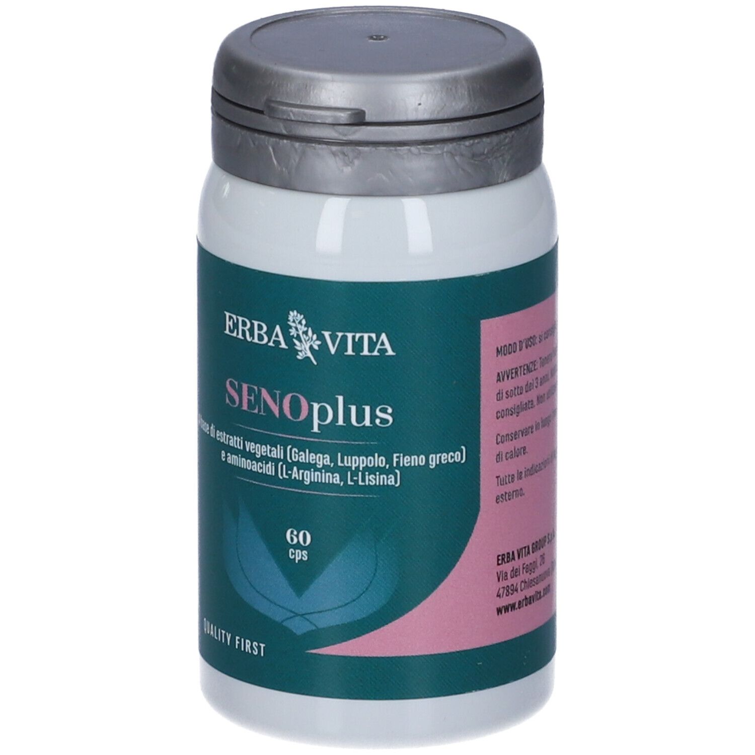 Flacone bianco con coperchio grigio. Scritta SENOplus, 60 cps. Marchio: Erba Vita.