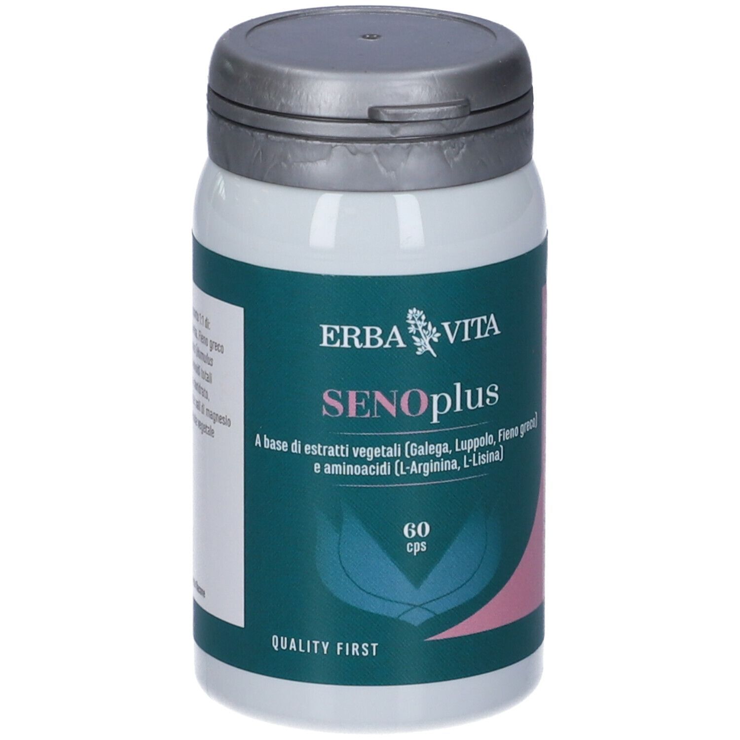Flacone bianco con coperchio grigio. Scritta SENOplus, 60 cps. Marchio: Erba Vita.