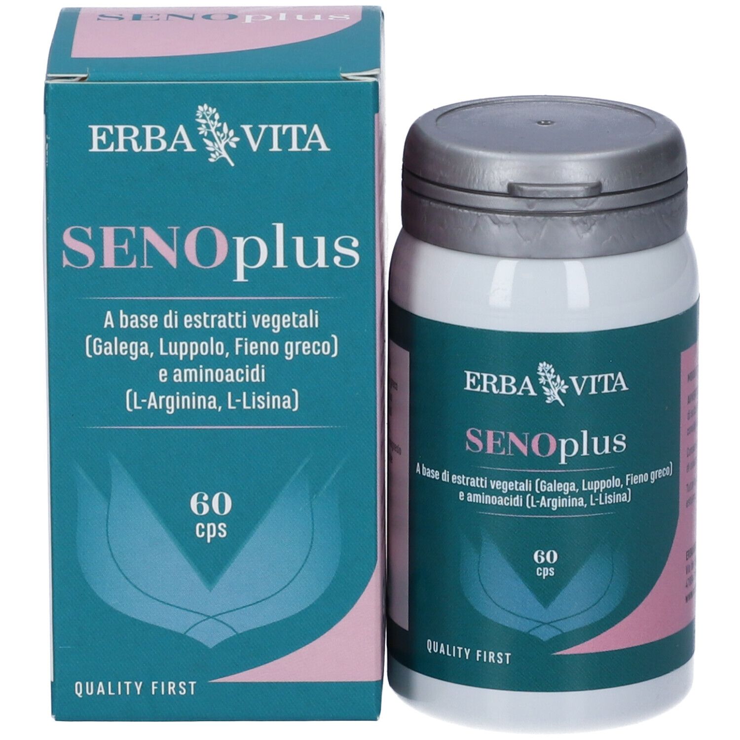 Flacone bianco e scatola. Scritta SENOplus, 60 cps. Marchio: Erba Vita.