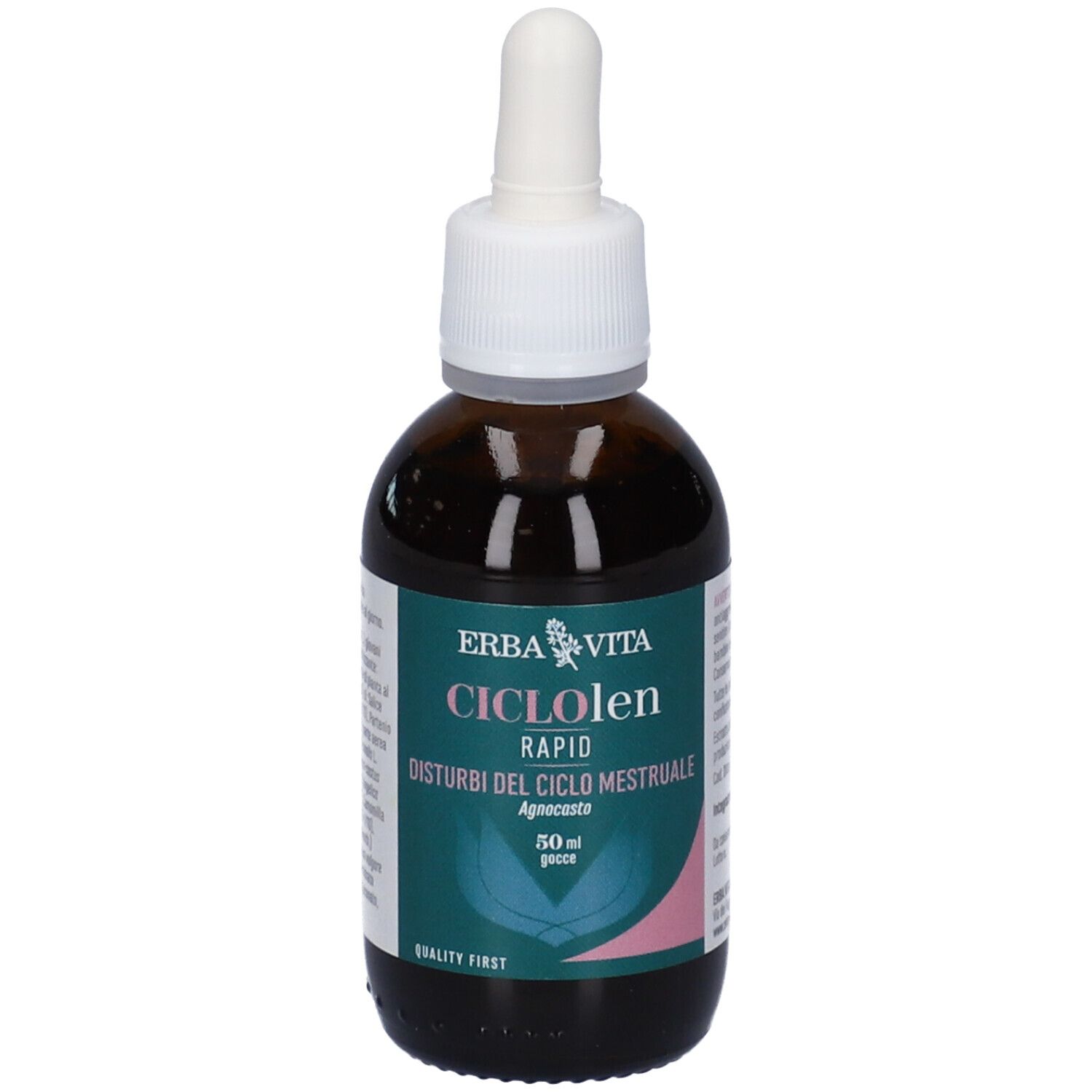 Flacone di vetro marrone con contagocce. Nome del prodotto e marchio Erba Vita. 50ml Gocce.