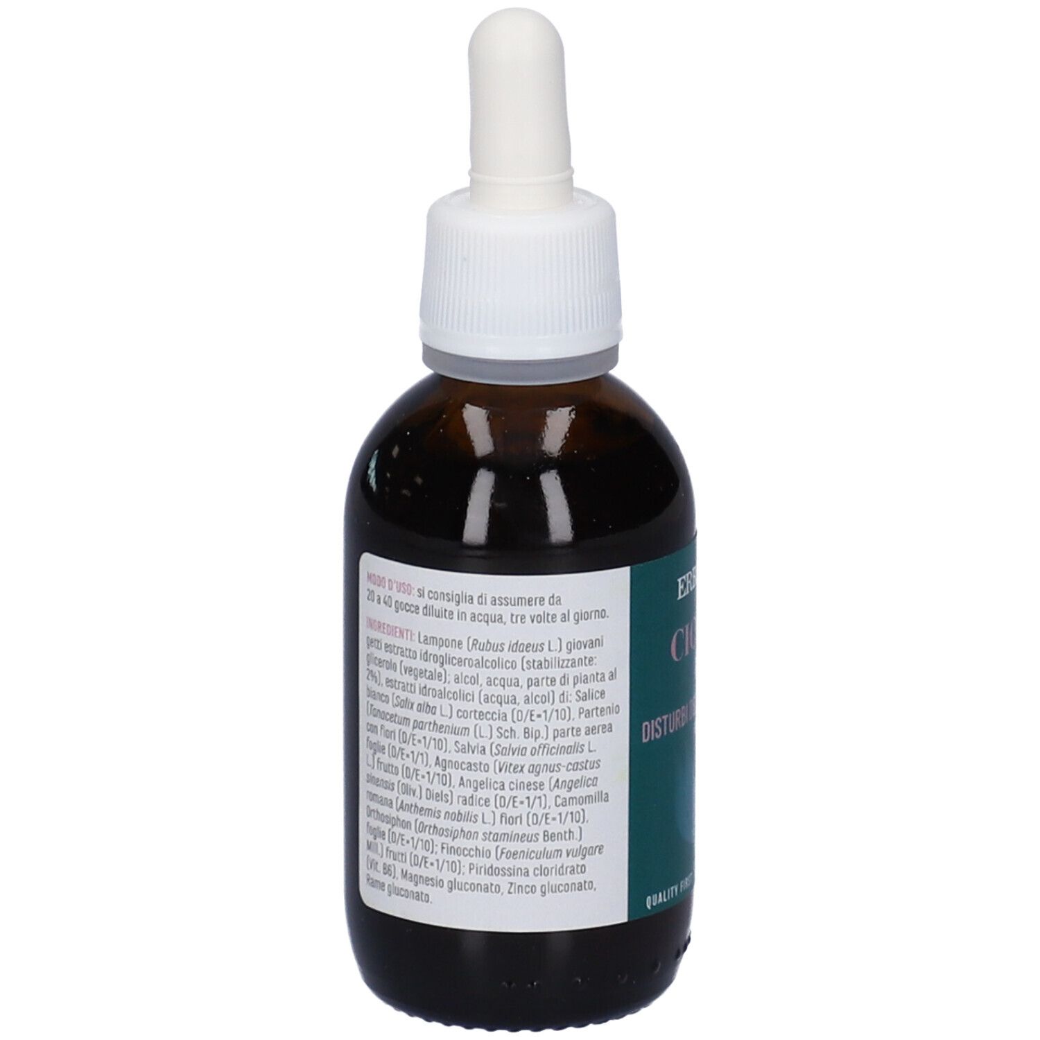 Flacone di vetro marrone con contagocce. Nome del prodotto e marchio Erba Vita. Testo sull'etichetta.