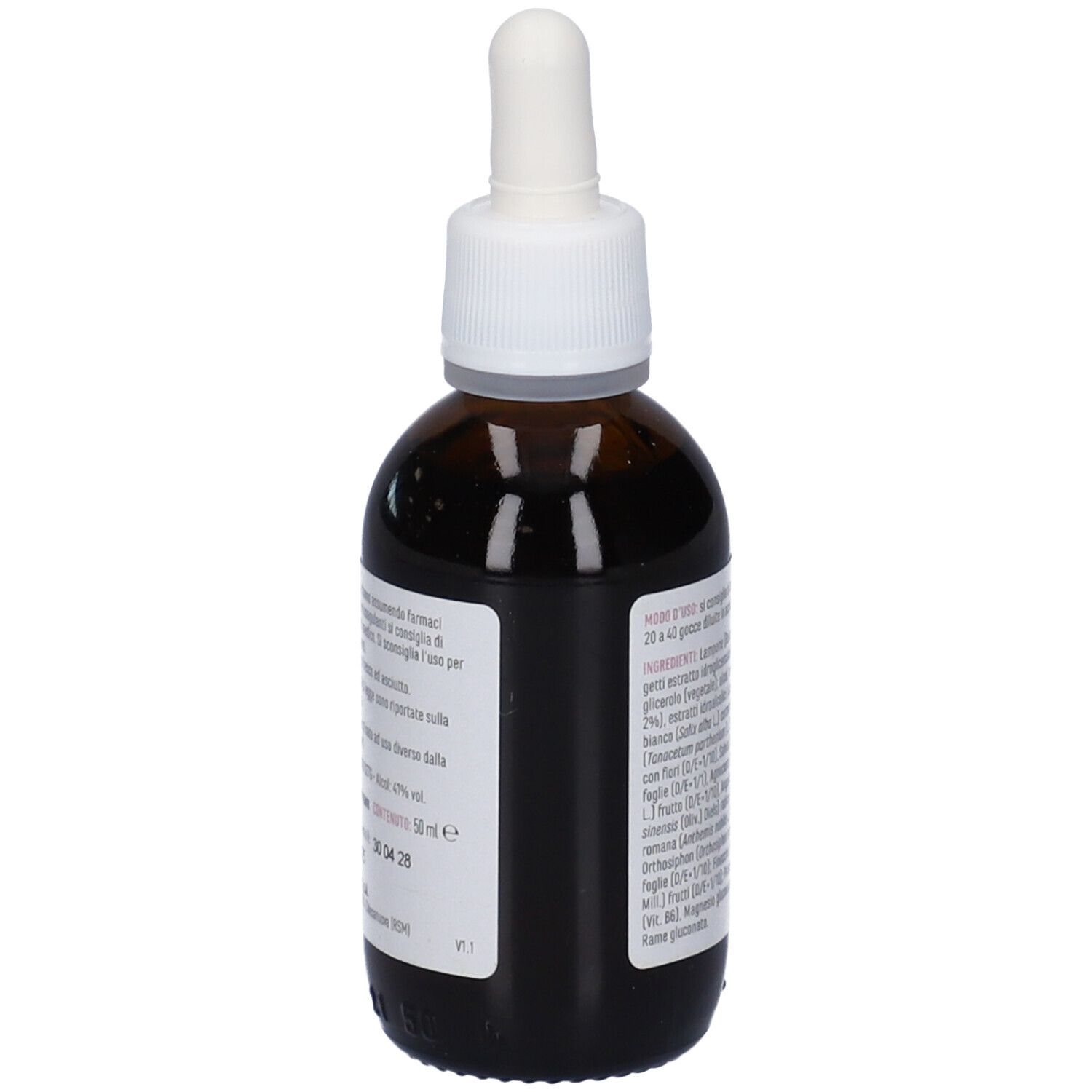 Flacone di vetro marrone con contagocce. Nome del prodotto e marchio Erba Vita. Testo sull'etichetta.