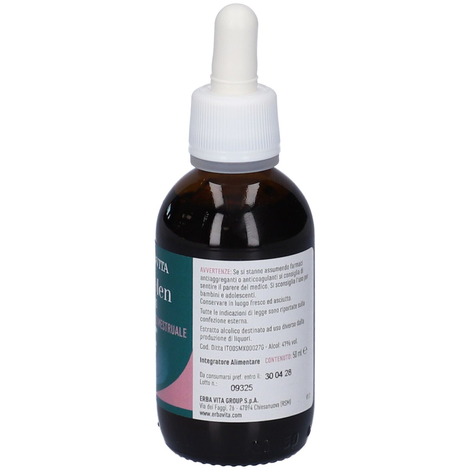 Flacone di vetro marrone con contagocce. Nome del prodotto e marchio Erba Vita. Testo sull'etichetta.