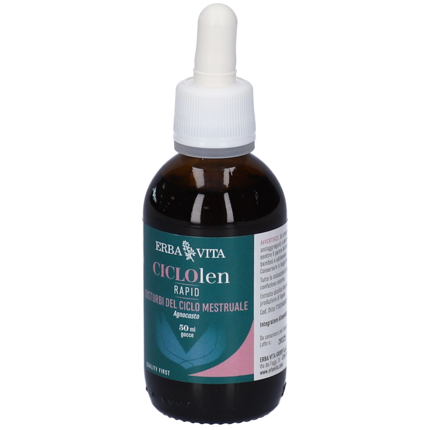 Flacone di vetro marrone con contagocce. Nome del prodotto e marchio Erba Vita. Testo sull'etichetta.