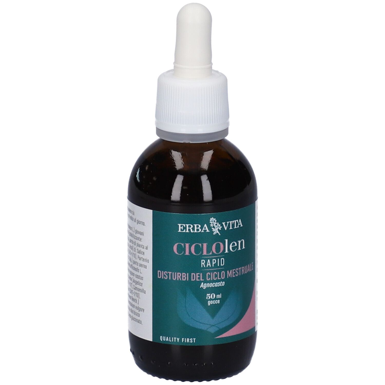 Flacone di vetro marrone con contagocce. Nome del prodotto e marchio Erba Vita. Testo sull'etichetta.