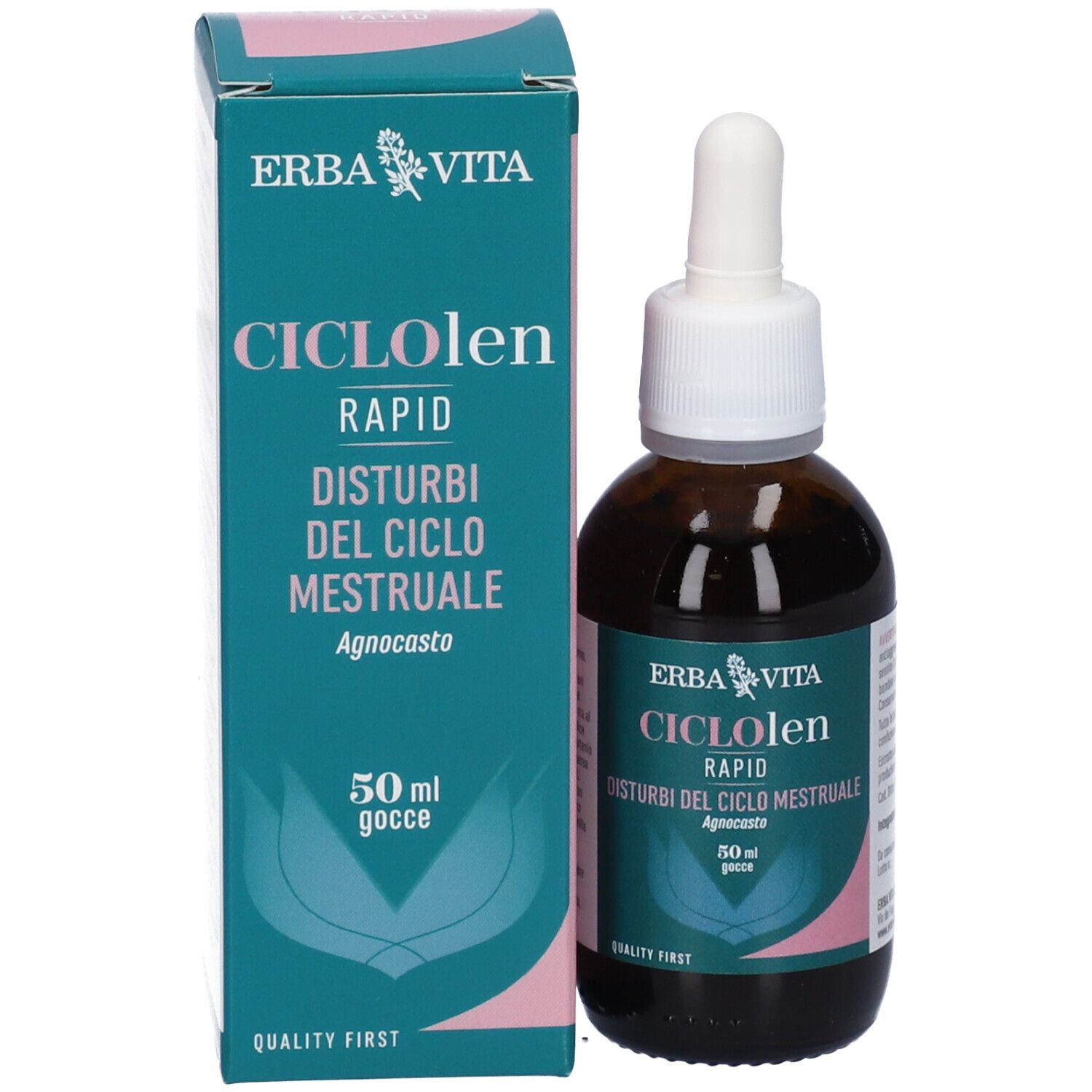 Flacone di vetro marrone con contagocce e scatola. Nome del prodotto e marchio Erba Vita. 50ml Gocce.