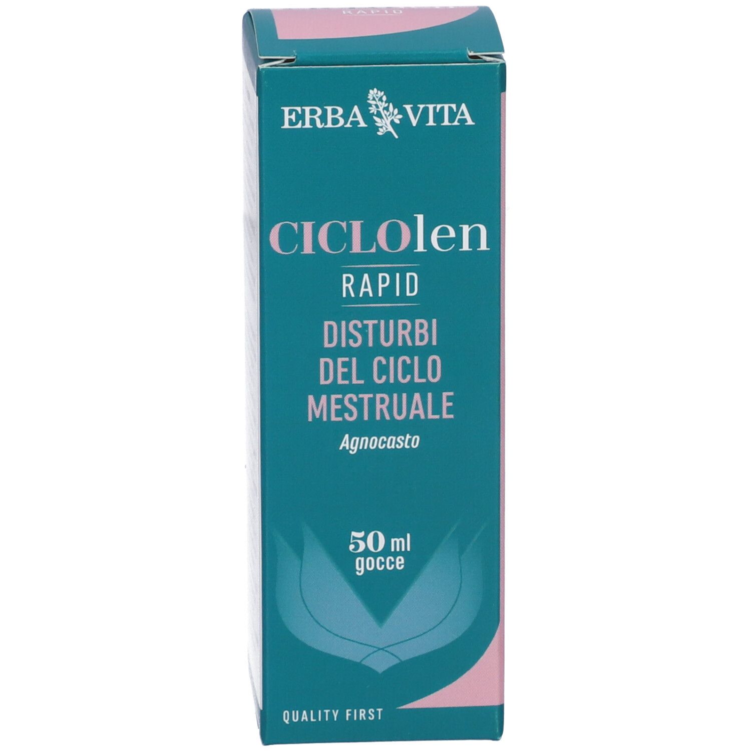 Scatola verde con nome del prodotto e testo. Marchio Erba Vita. 50ml Gocce.