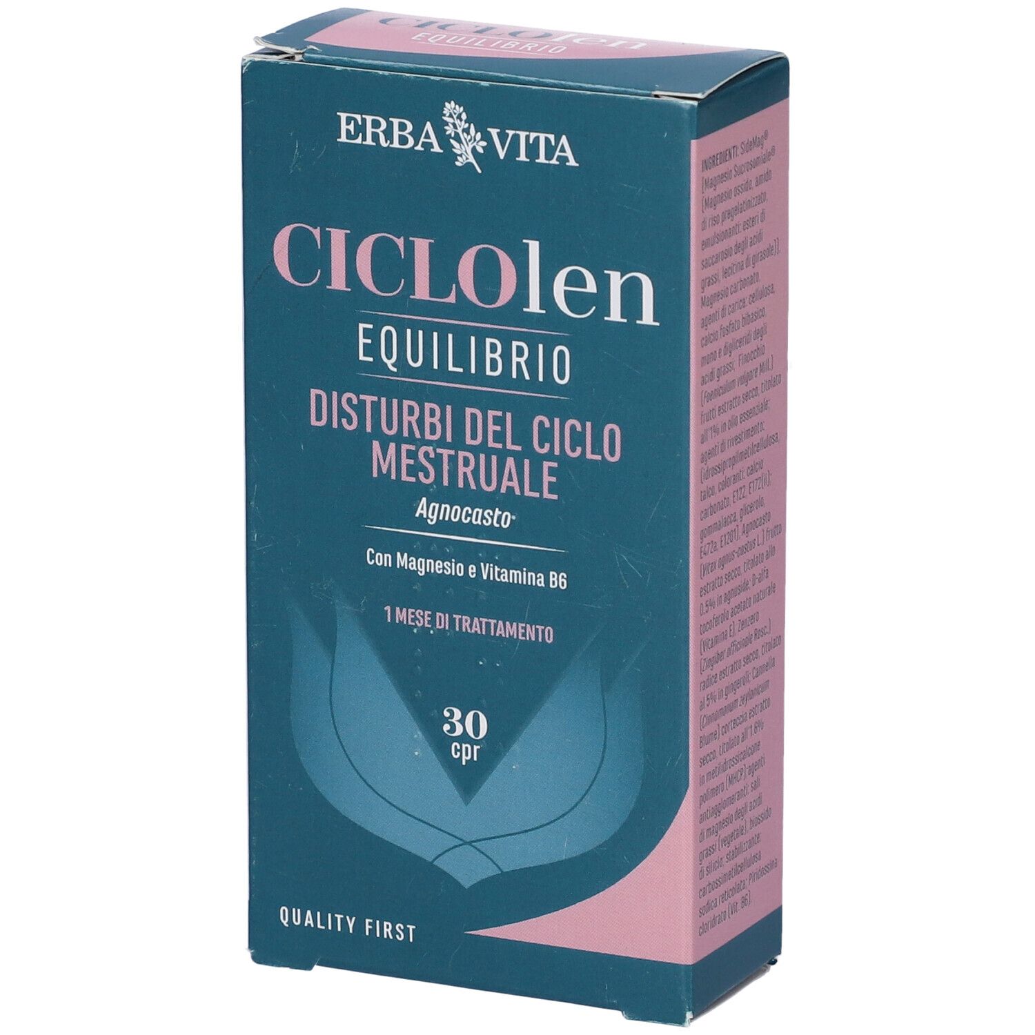 Scatola di Erba Vita CicloLen Equilibrio Compresse. Scritto: 'Disturbi del ciclo mestruale'. Contiene 30 compresse.