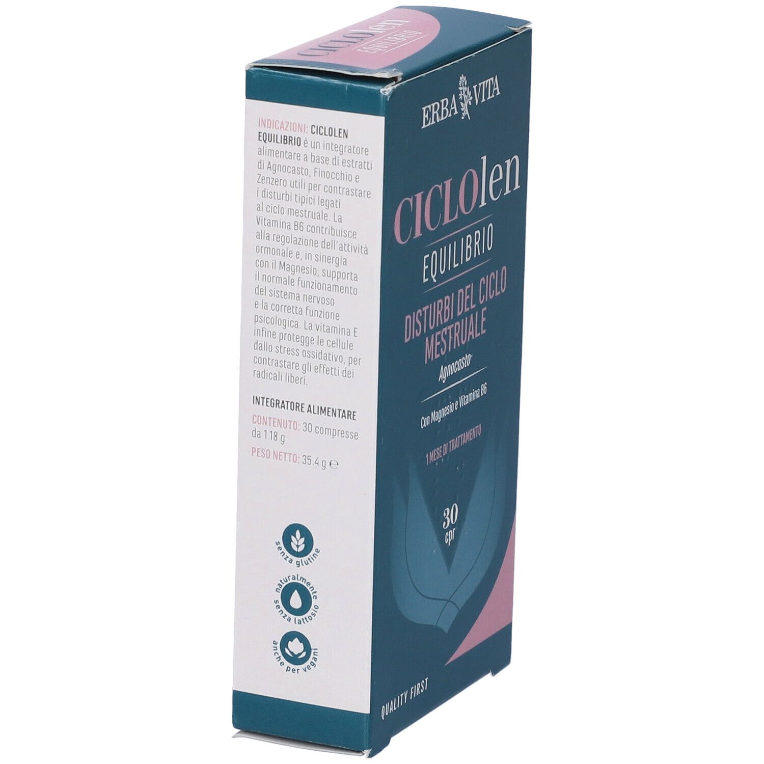 Scatola di Erba Vita CicloLen Equilibrio Compresse. Scritto: 'Disturbi del ciclo mestruale'. Contiene 30 compresse.