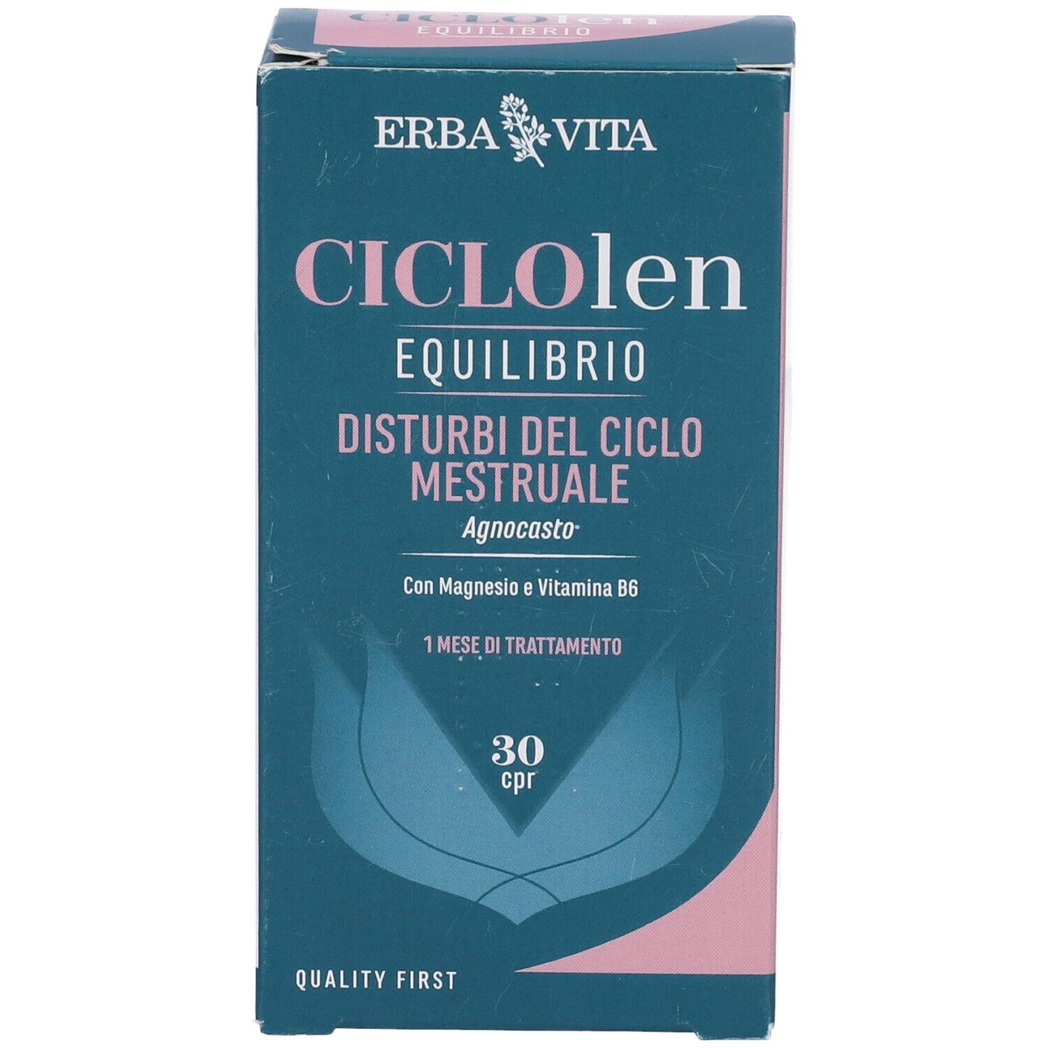 Scatola di Erba Vita CicloLen Equilibrio Compresse. Scritto: 'Disturbi del ciclo mestruale'. Contiene 30 compresse.