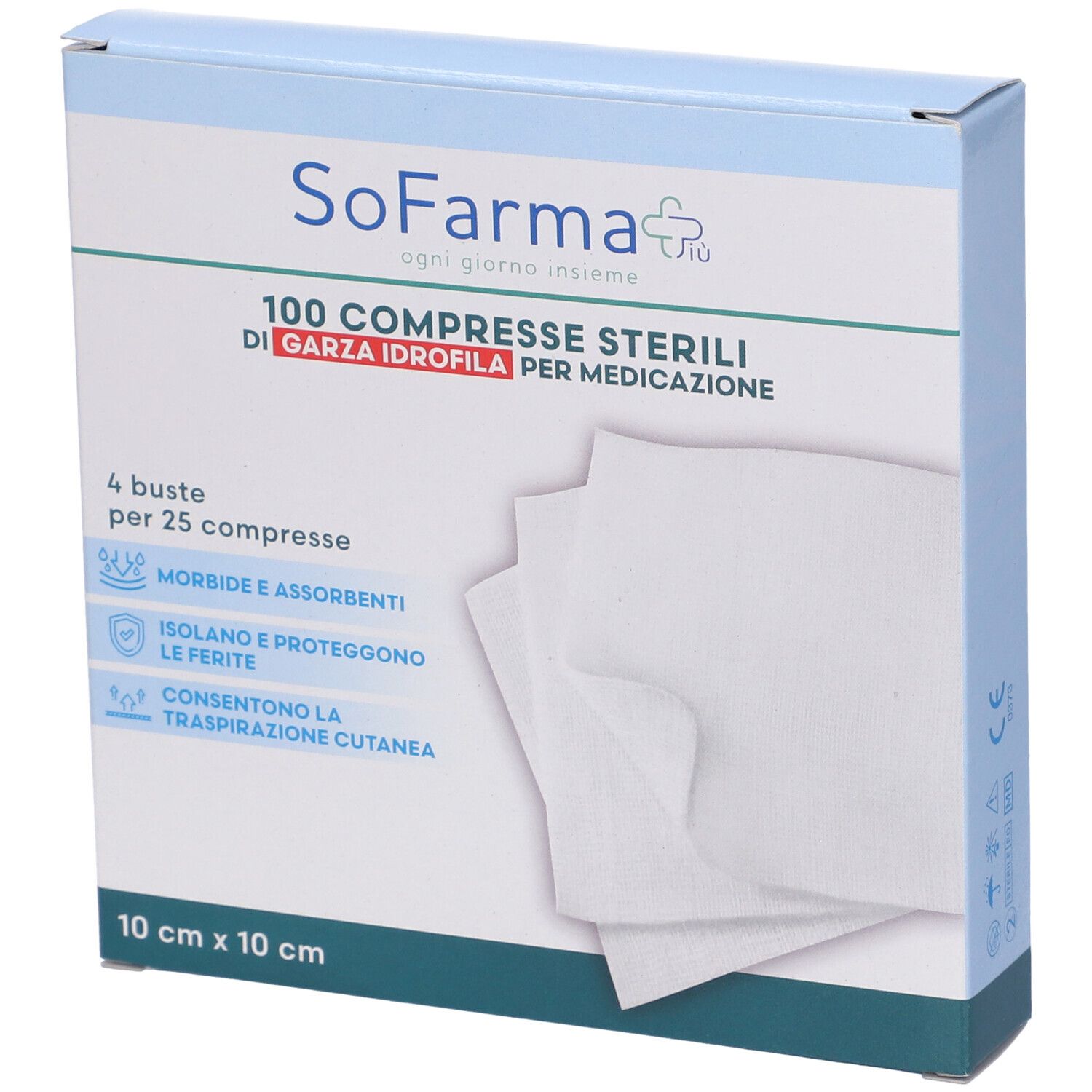 Confezione di compresse SoFarma. 100 compresse sterili di garza idrofila. 10x10 cm. Morbide e assorbenti. Isola e protegge.