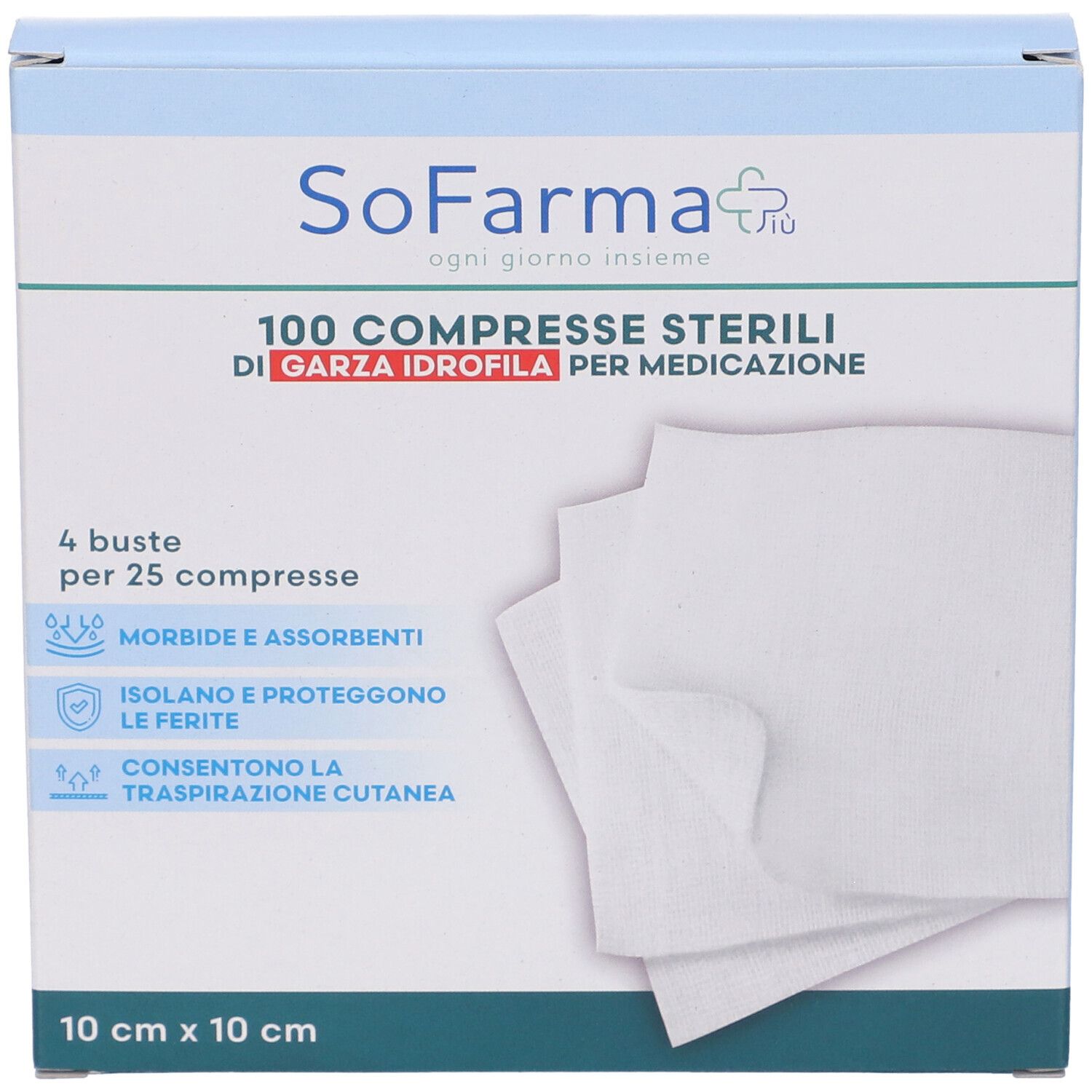 Confezione di compresse SoFarma. 100 compresse sterili di garza idrofila. 10x10 cm. Morbide e assorbenti. Isola e protegge.