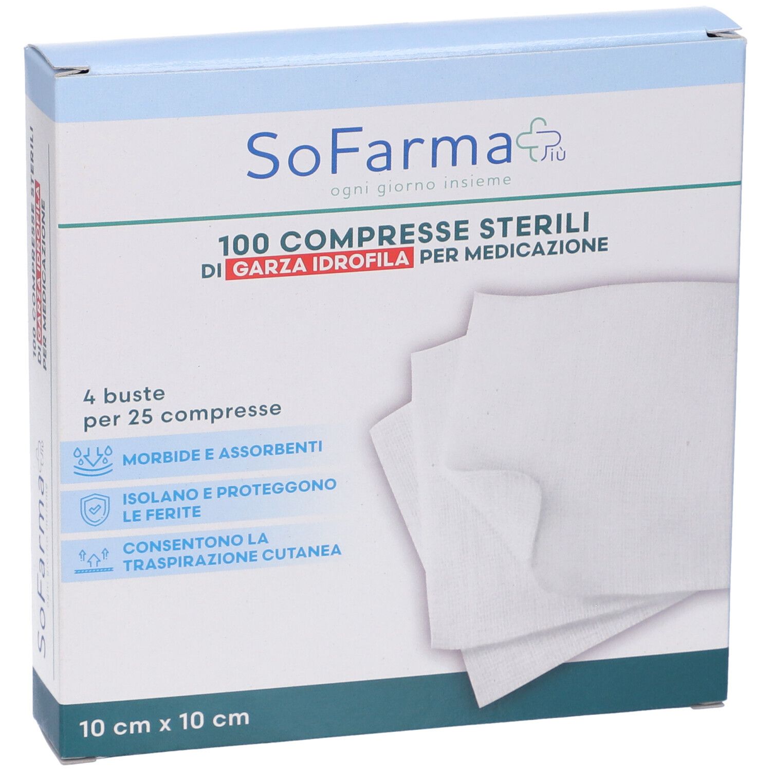 Confezione di compresse SoFarma. 100 compresse sterili di garza idrofila. 10x10 cm. Morbide e assorbenti. Isola e protegge.