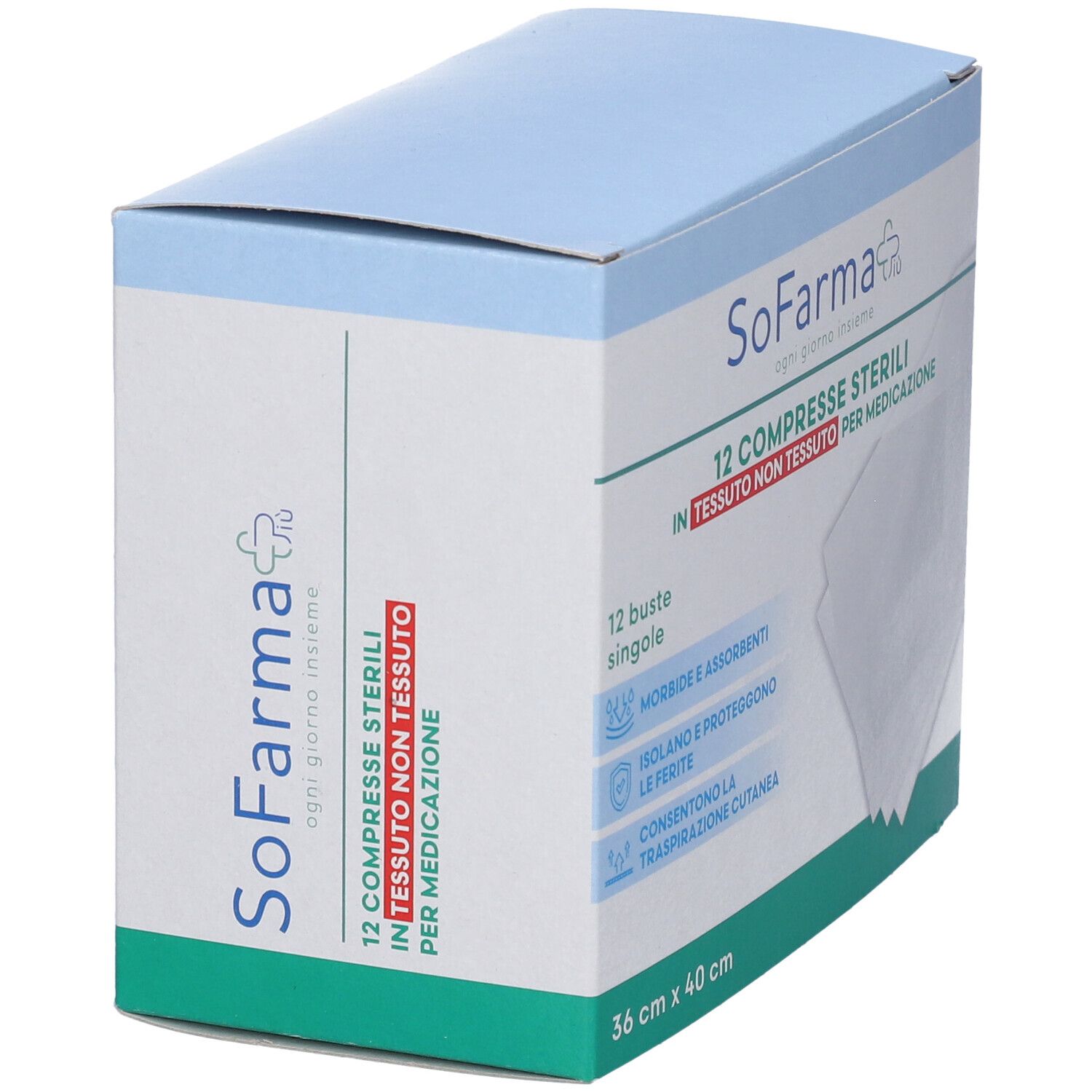 Confezione di 12 compresse sterili in tessuto non tessuto. Dimensioni: 36x40 cm. Marchio: SoFarma.