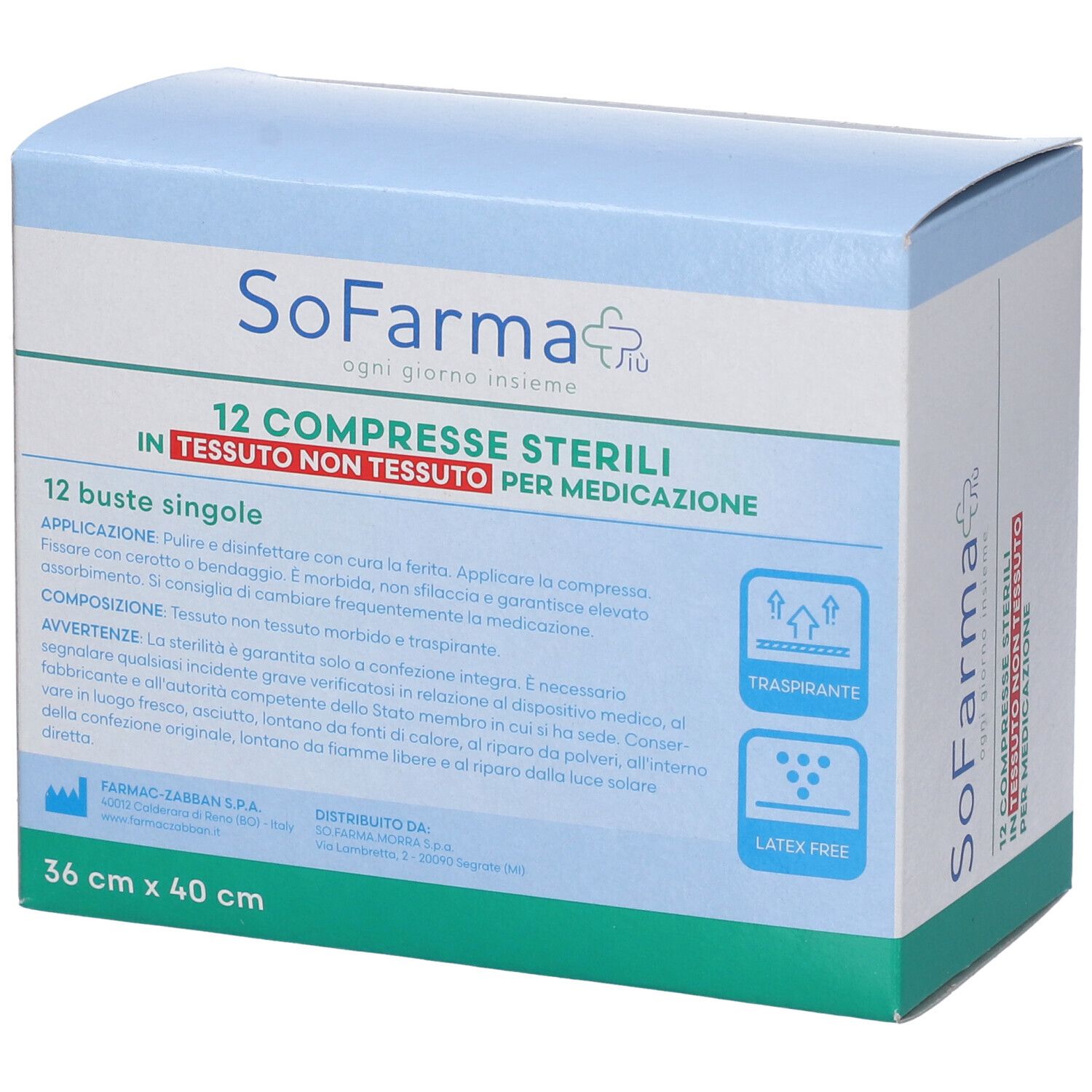 Confezione di 12 compresse sterili in tessuto non tessuto. Dimensioni: 36x40 cm. Marchio: SoFarma. Testo: 'Trasparente', 'Latex Free'.