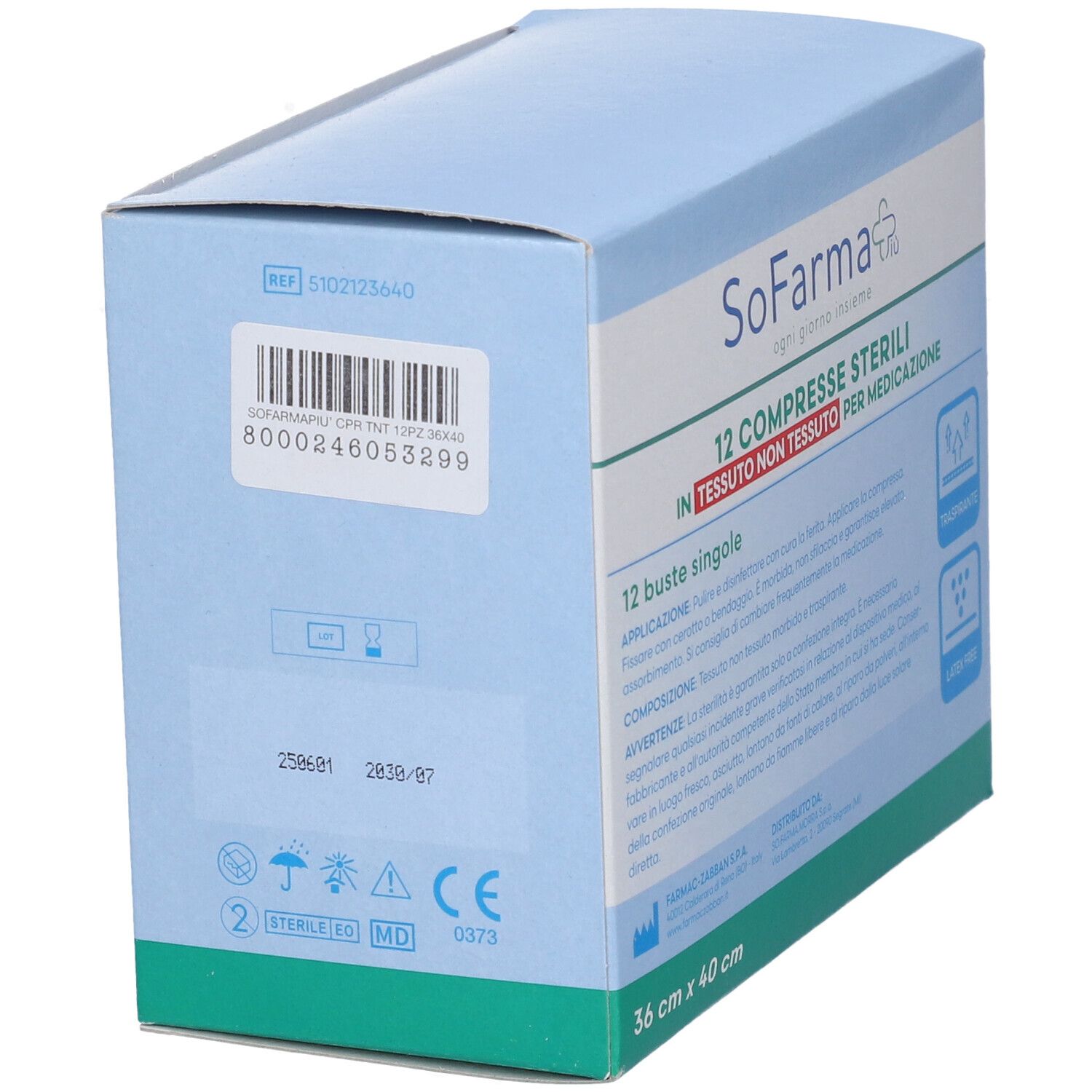 Retro della confezione di 12 compresse sterili. Dimensioni: 36x40 cm. Marchio: SoFarma. Dettagli e numero di lotto.