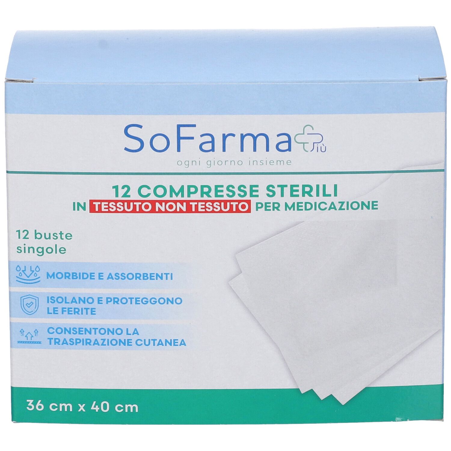 Confezione di 12 compresse sterili in tessuto non tessuto. Dimensioni: 36x40 cm. Marchio: SoFarma.