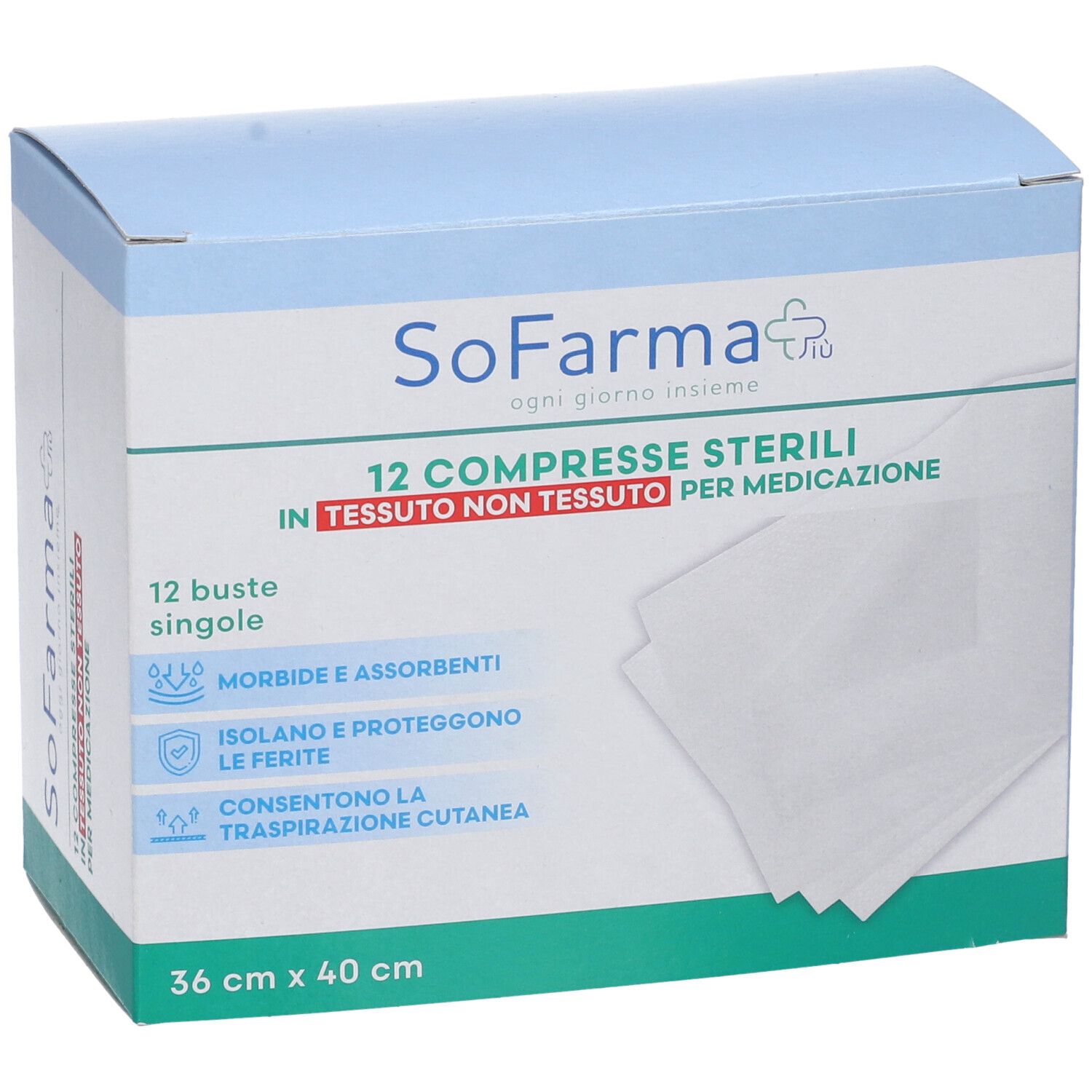 Confezione di 12 compresse sterili in tessuto non tessuto. Dimensioni: 36x40 cm. Marchio: SoFarma.