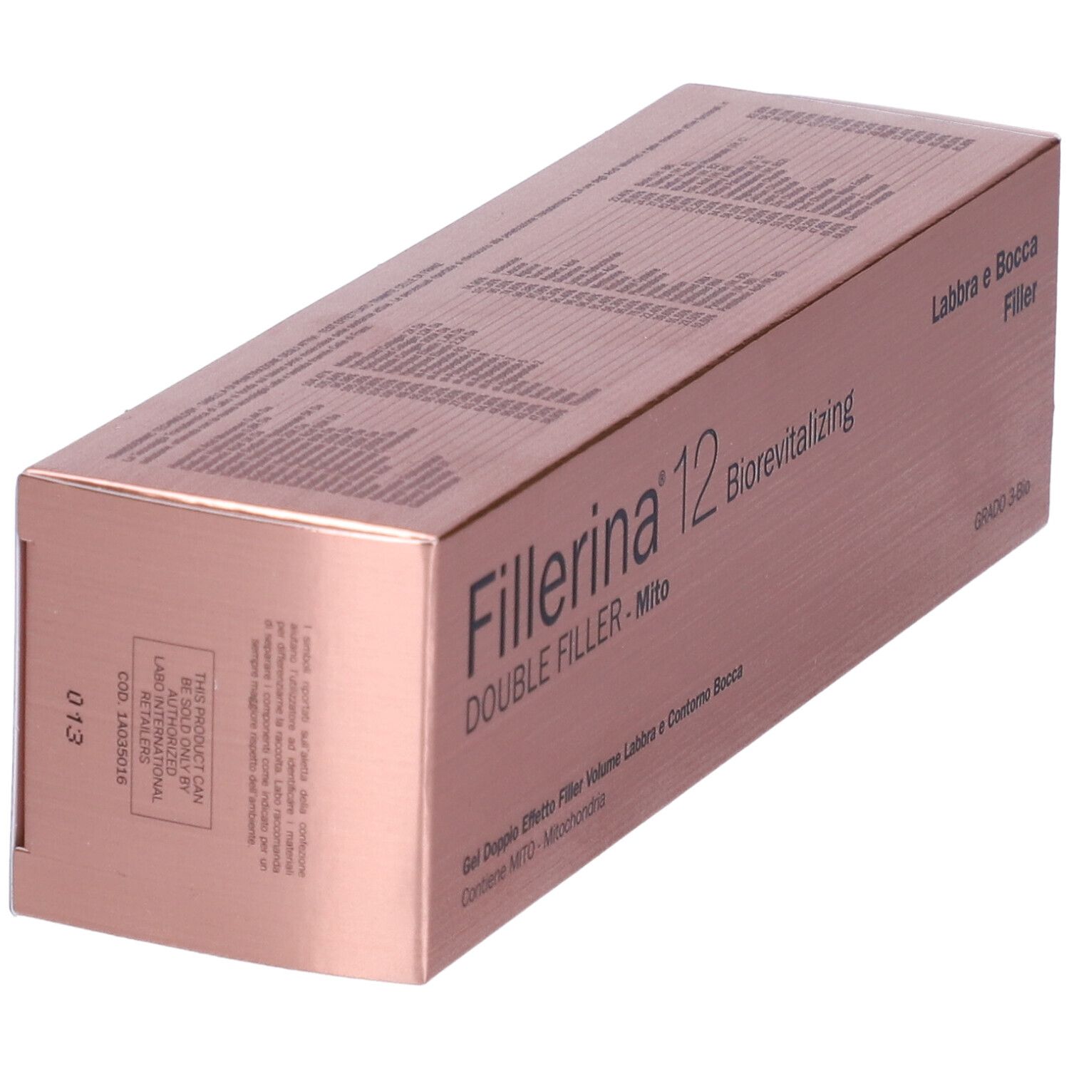 Scatola rosa. Scritto: Fillerina 12 Double Filler Mito, Labbra e Bocca Filler, Biorevitalizing.