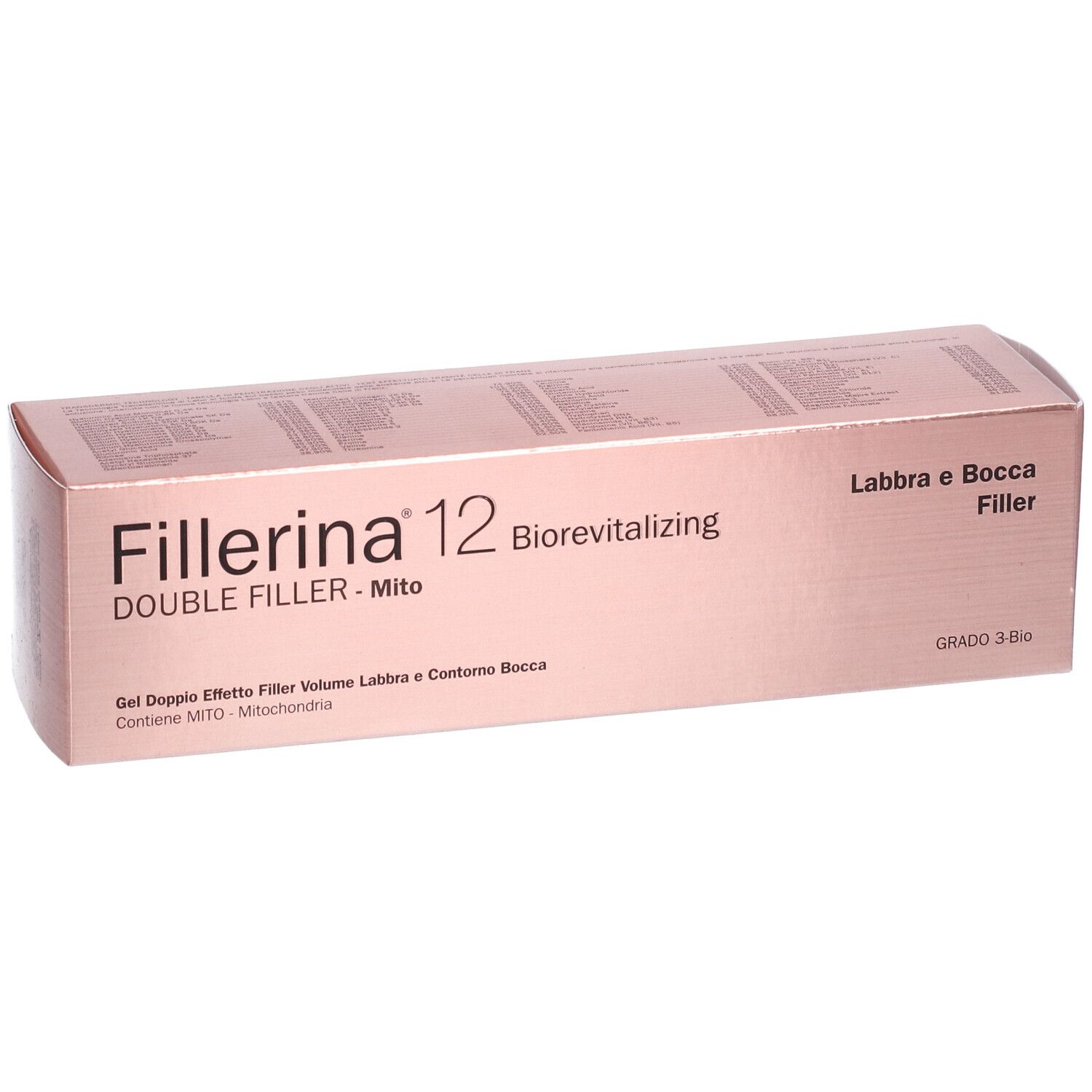 Scatola rosa. Scritto: Fillerina 12 Double Filler Mito, Labbra e Bocca Filler, Biorevitalizing, Grado 3 Bio.