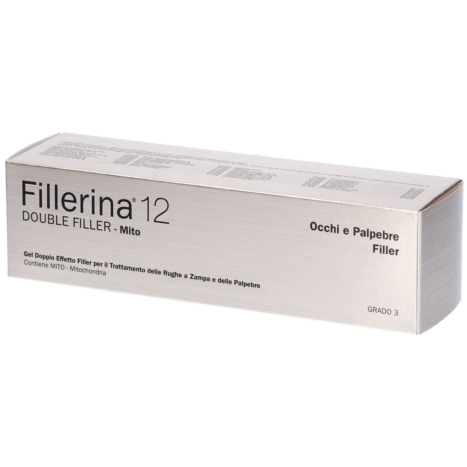 Scatola argentata con stampa del prodotto: Fillerina 12 Double Filler Mito Occhi E Palpebre. Grado 3.