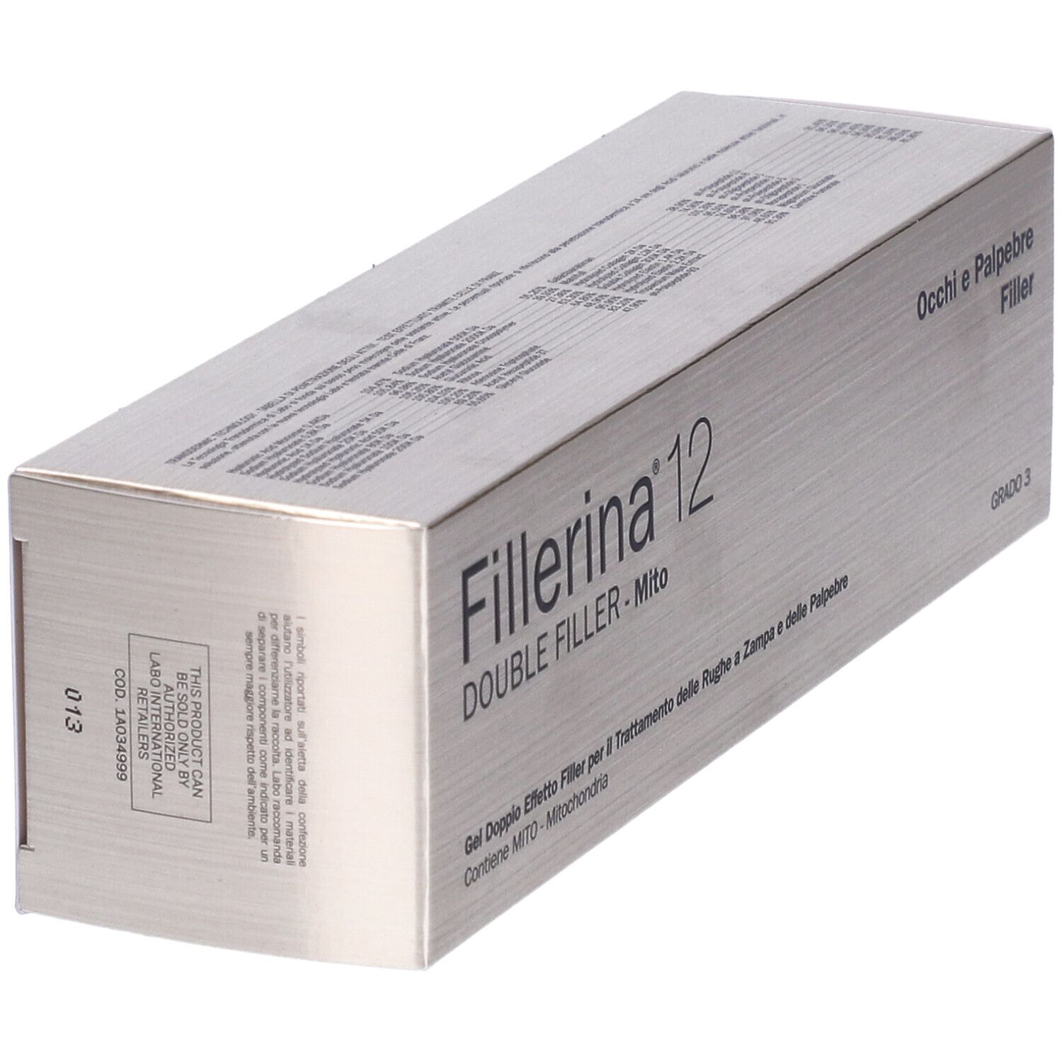 Scatola argentata con stampa del prodotto: Fillerina 12 Double Filler Mito. Testo e logo.