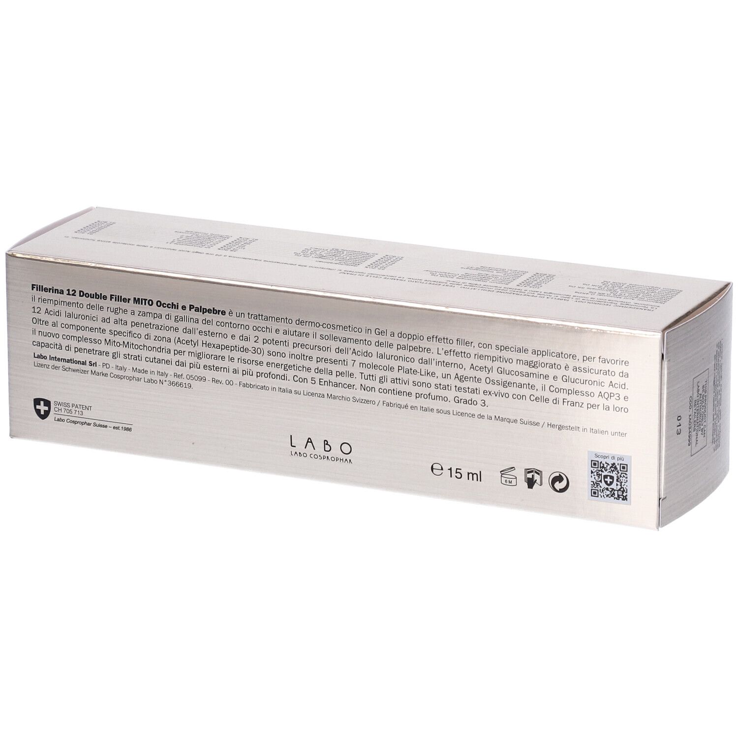 Retro di una scatola argentata con testo e loghi. Nome del prodotto: Fillerina 12 Double Filler Mito Occhi E Palpebre.