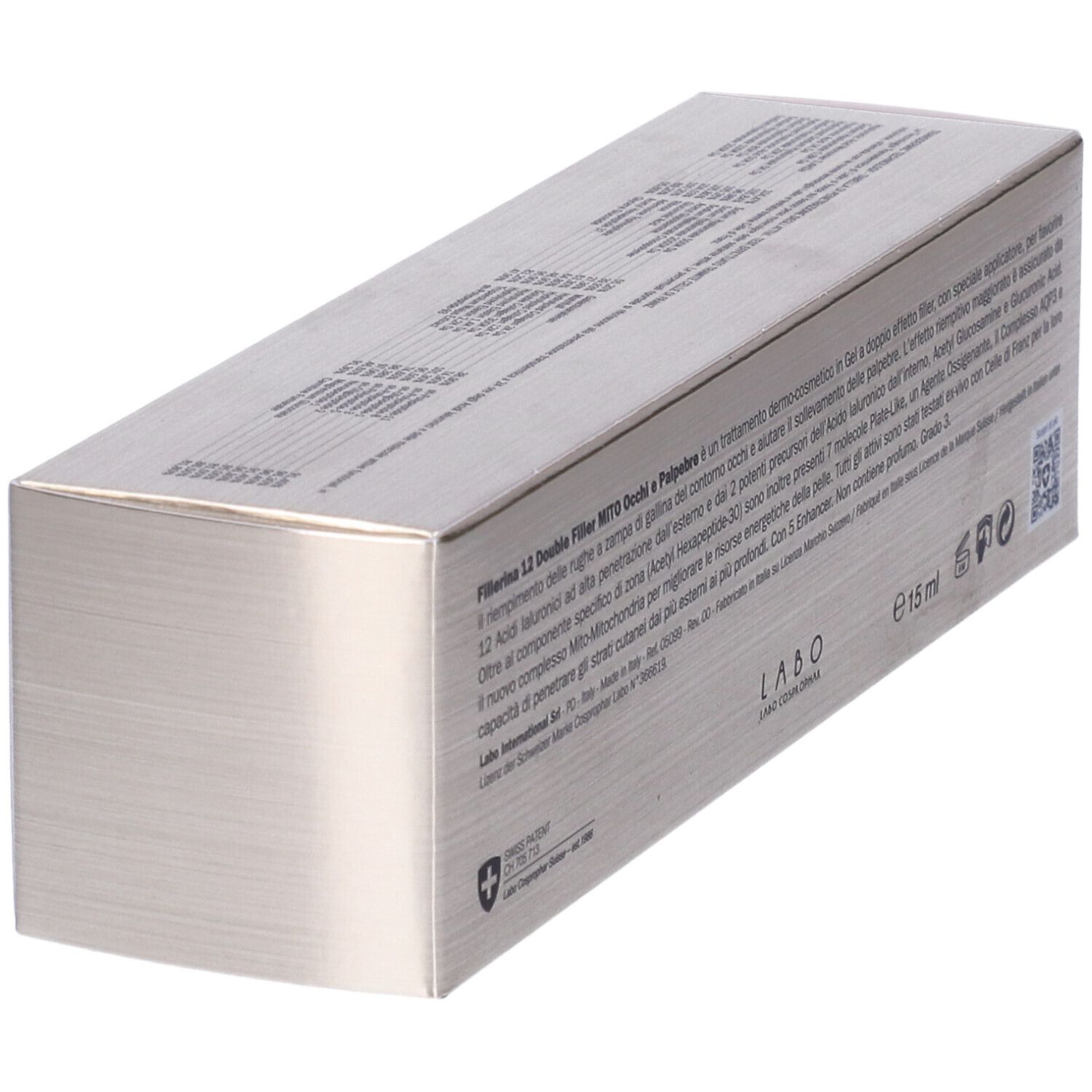 Vista obliqua di una scatola argentata con testo e loghi. Nome del prodotto: Fillerina 12 Double Filler Mito Occhi E Palpebre.