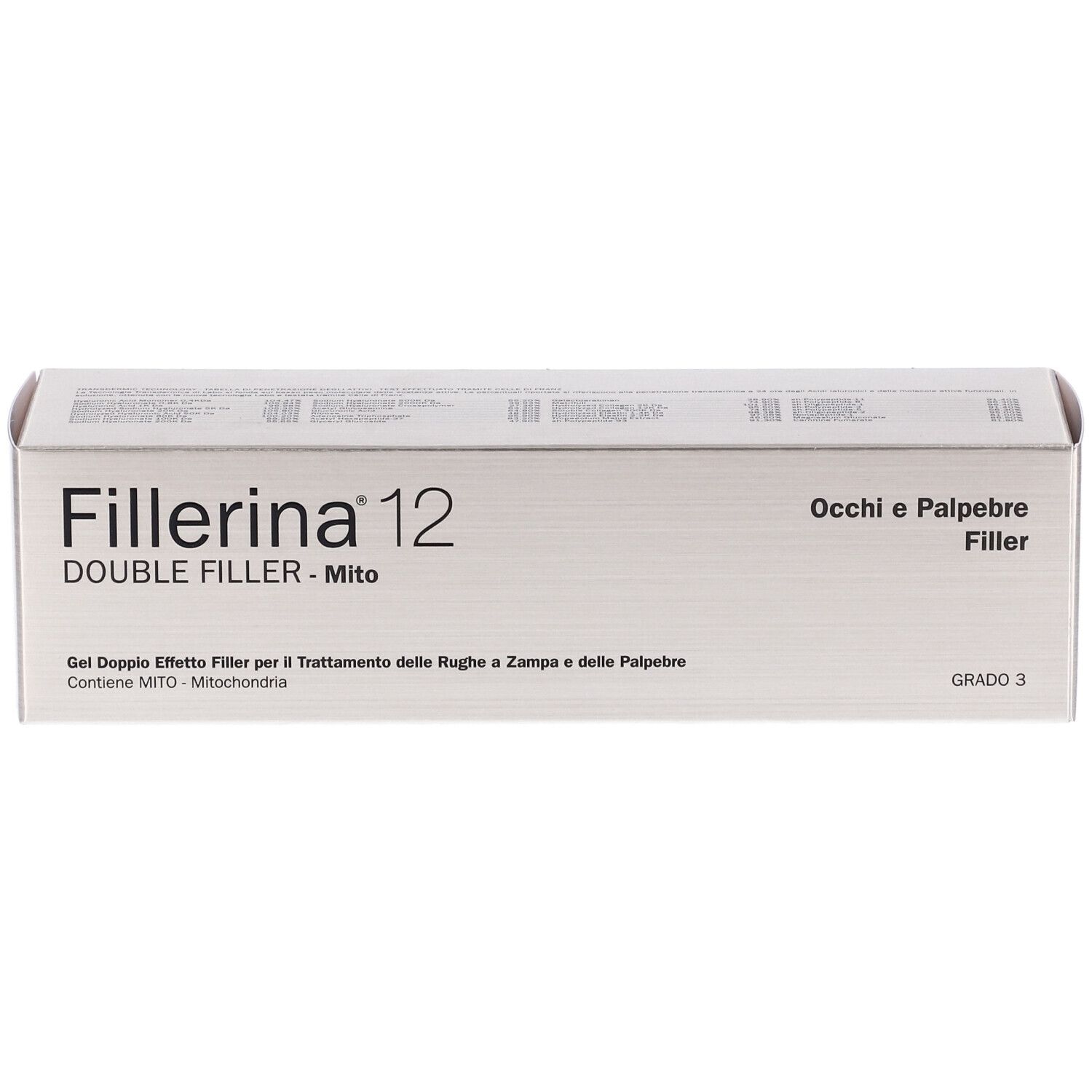 Scatola argentata con stampa del prodotto: Fillerina 12 Double Filler Mito Occhi E Palpebre. Grado 3.