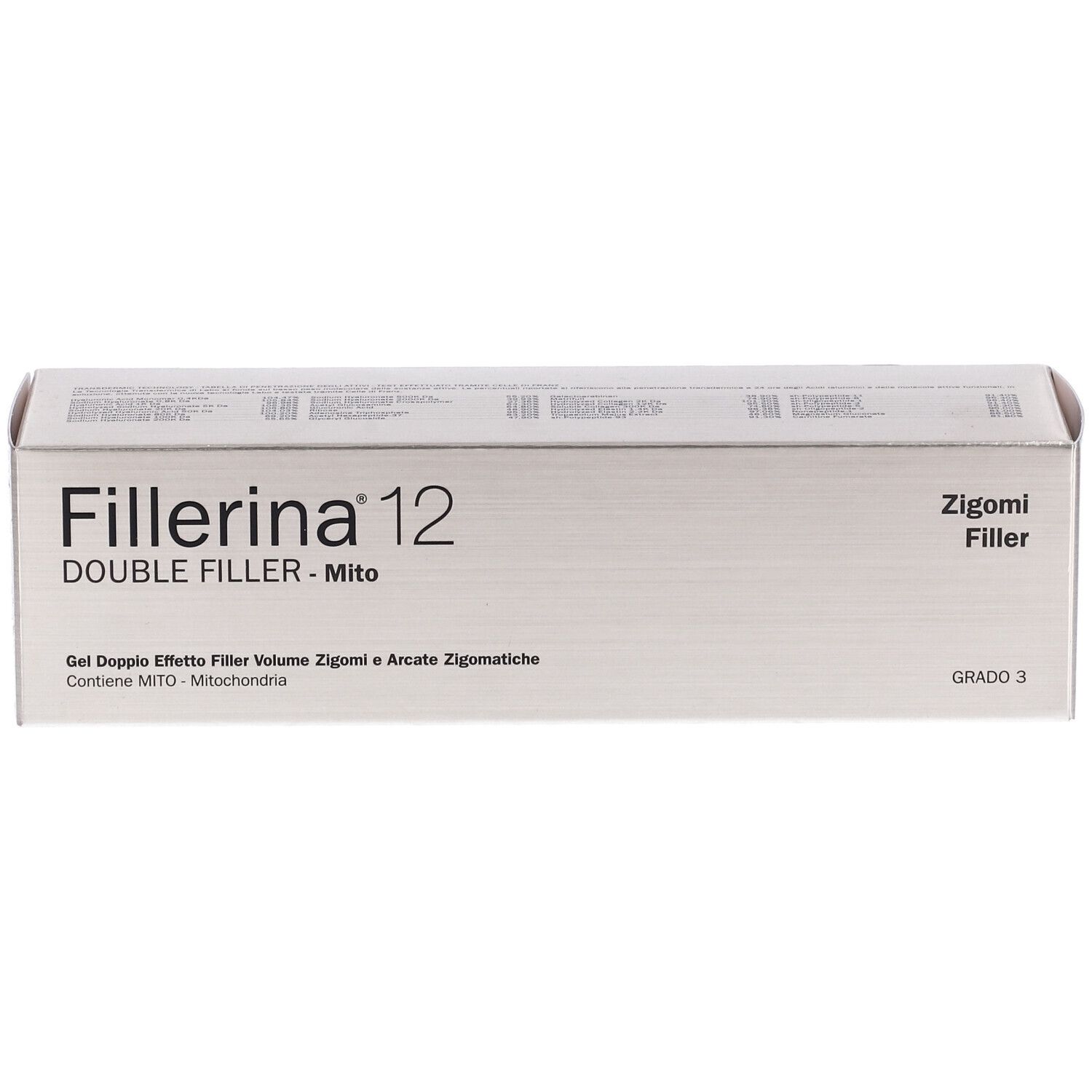 Scatola argentata Fillerina 12 Double Filler Mito. Testo: Zigomi Filler, Grado 3. Scritte in italiano.
