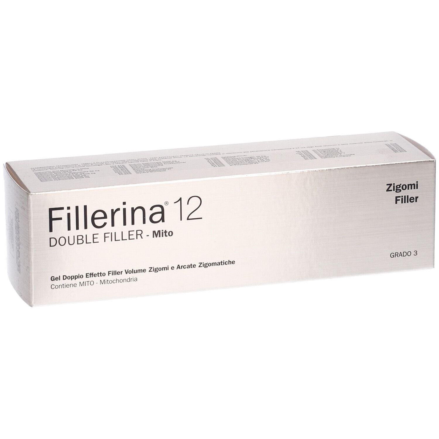 Scatola argentata Fillerina 12 Double Filler Mito. Testo: Zigomi Filler, Grado 3. Scritte in italiano.