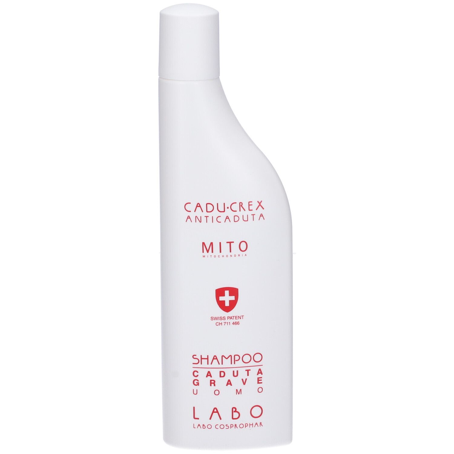 Shampoo bianco con scritta rossa. Scritta: CADU-CREX ANTICADUTA MITO SHAMPOO CADUTA GRAVE UOMO. Croce svizzera.