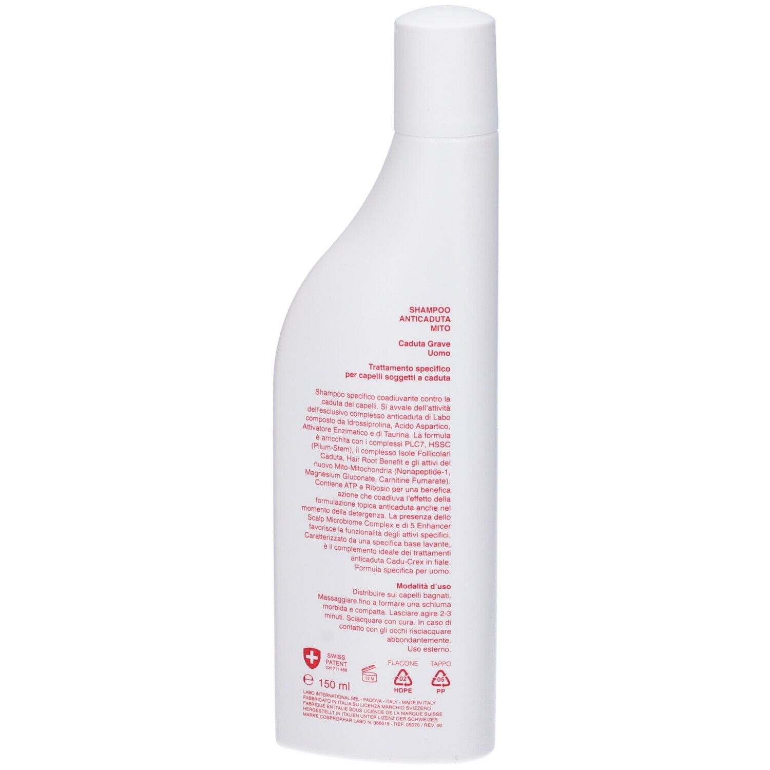 Retro del flacone di shampoo bianco. Testo: Shampoo Anticaduta Mito Caduta Grave Uomo. Testo in italiano.