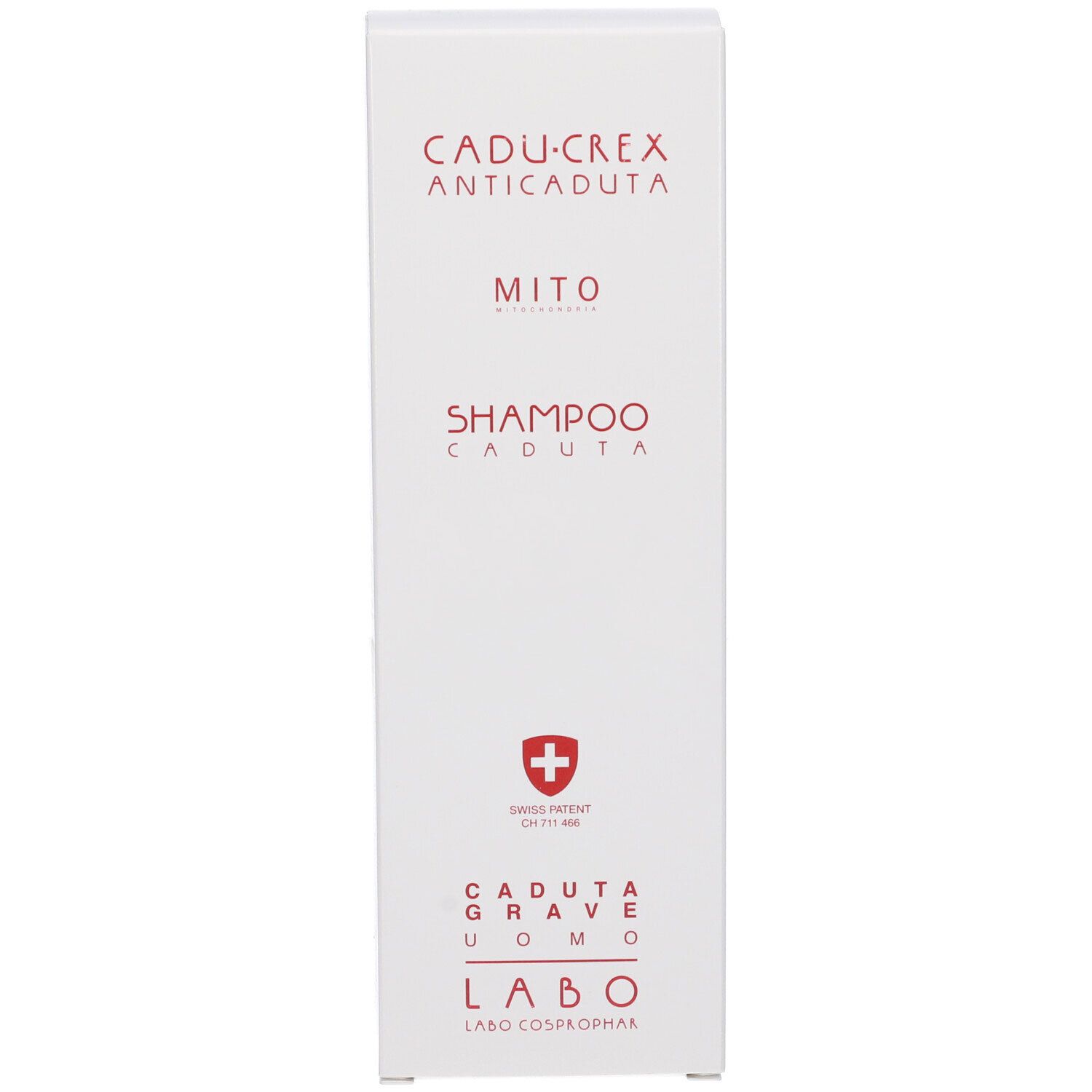 Confezione bianca con scritta rossa. Scritta: CADU-CREX ANTICADUTA MITO SHAMPOO CADUTA GRAVE UOMO. Croce svizzera.