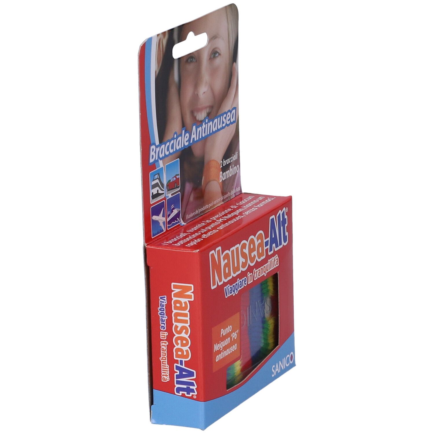 Vista laterale della confezione di braccialetti antinausea. Scatola rossa con nome e logo del prodotto. Gancio per appendere.